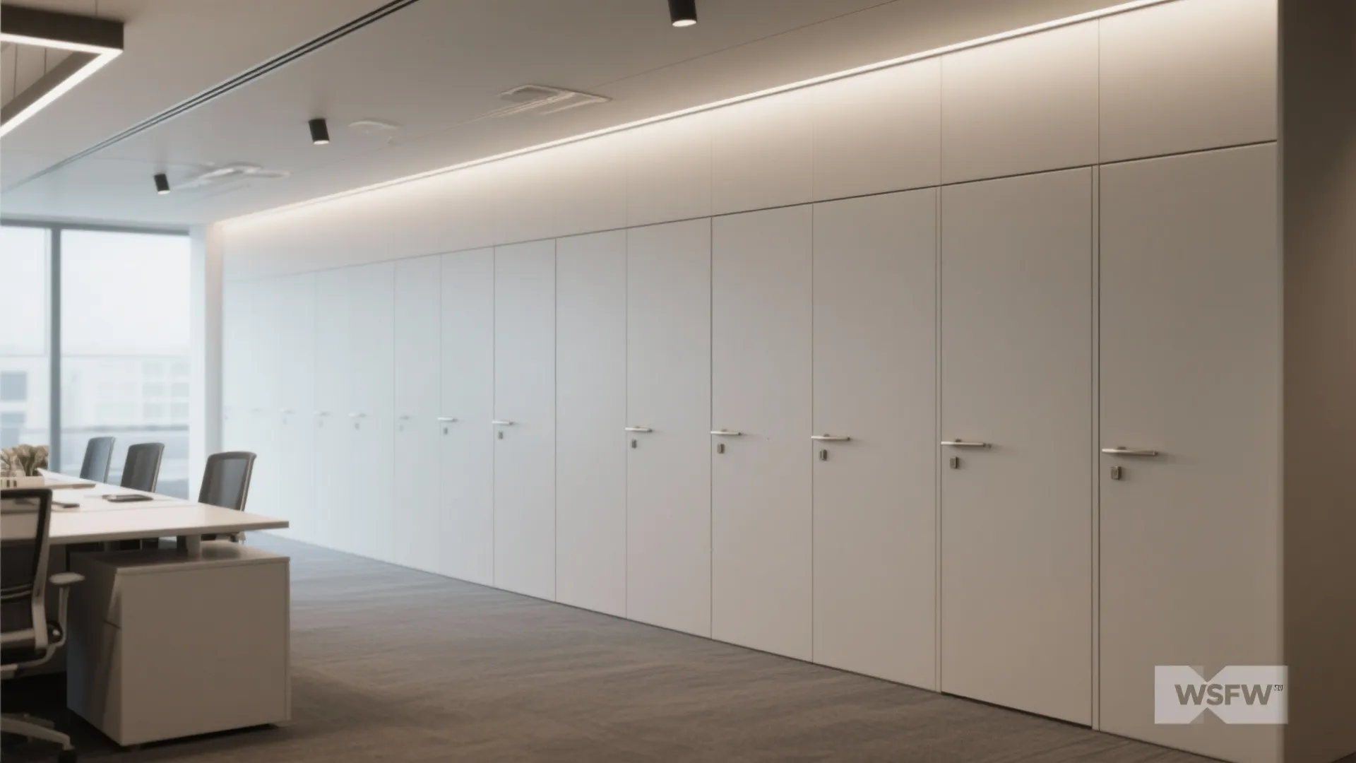 Minimalist white office storage wall with long rows of hidden cabinet doors and small handles