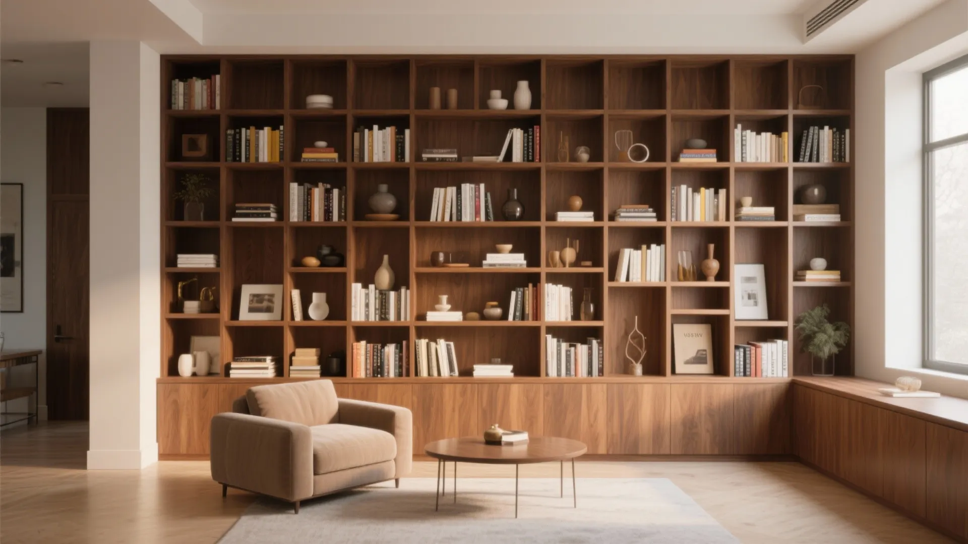 Large wooden wall cabinet filled with many books next to a sofa and coffee table