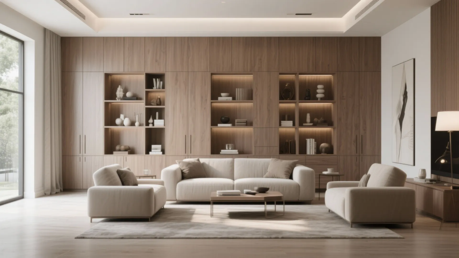 Modern living room featuring a large wooden cabinet wall with built-in shelves and white sofas