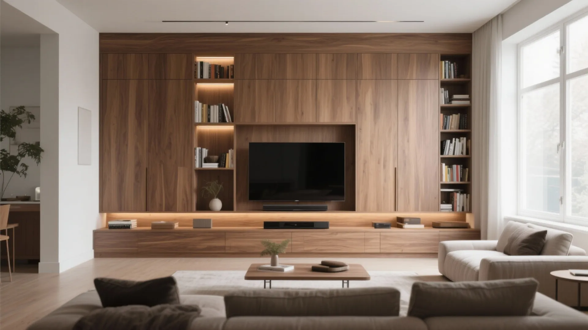 Large wooden wall cabinet with TV center bookshelf lighting beige sofa coffee table and light