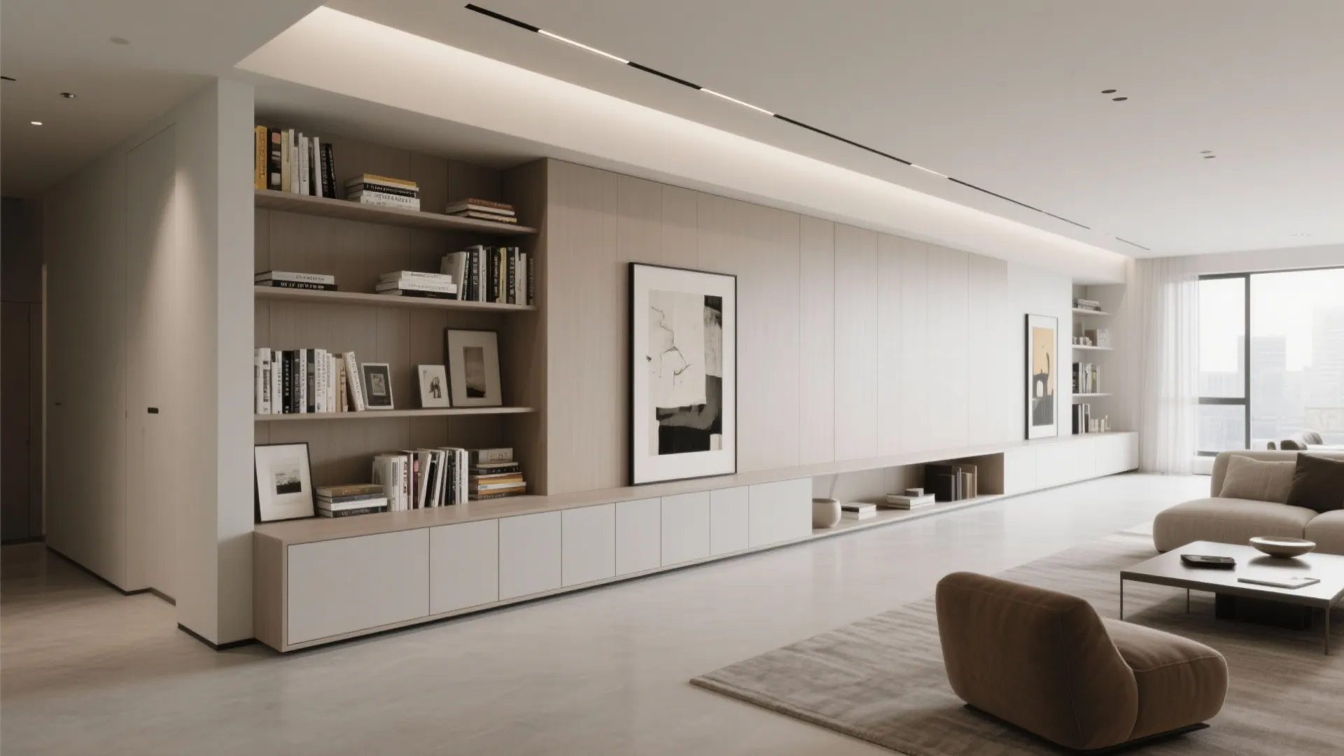 Long minimalist wall unit with open wooden shelves white lower cabinets and a brown sofa chair