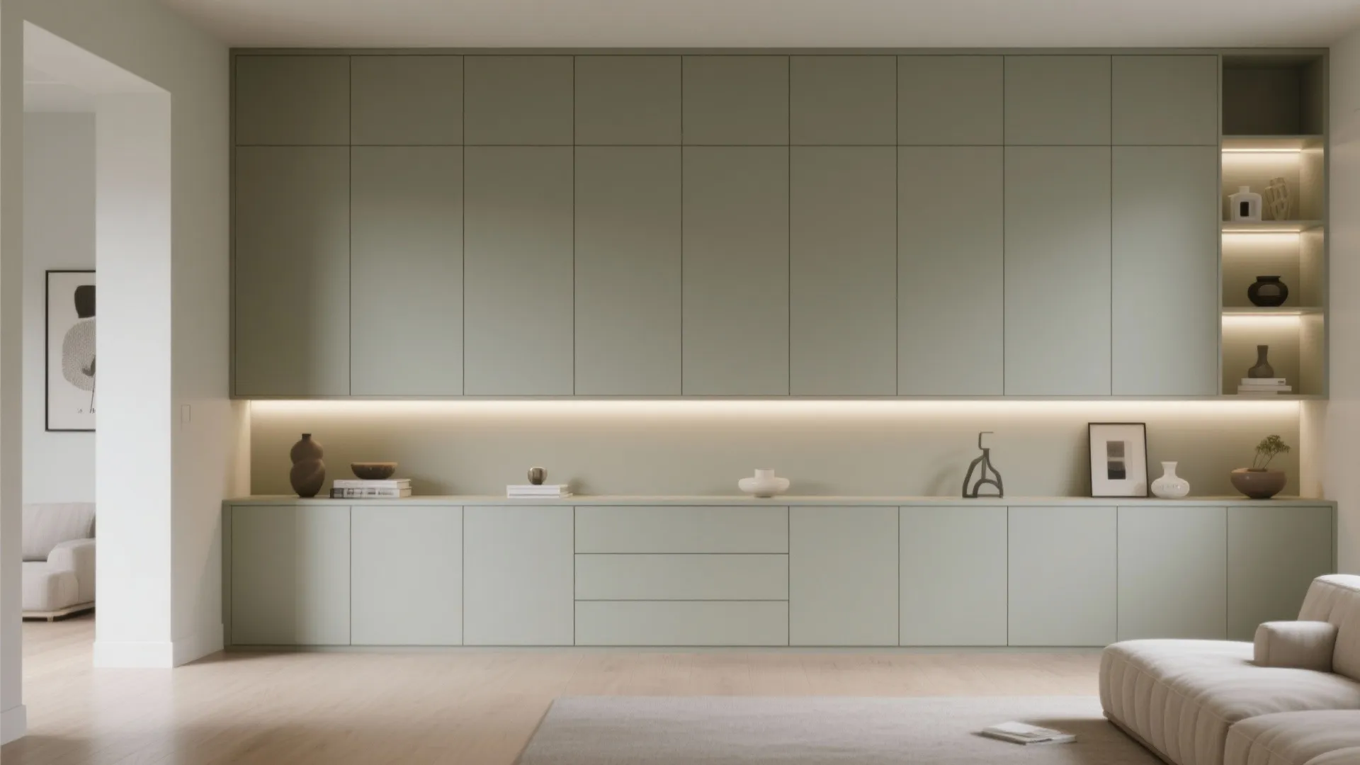 Minimalist sage green built in wall cabinet with warm integrated light strip and decorative pottery items
