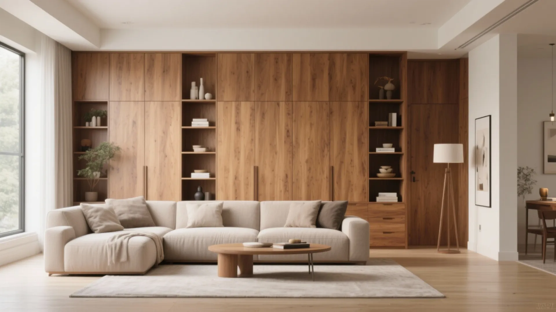 Modern living room featuring large wooden wall cabinet storage behind a comfortable beige corner sofa