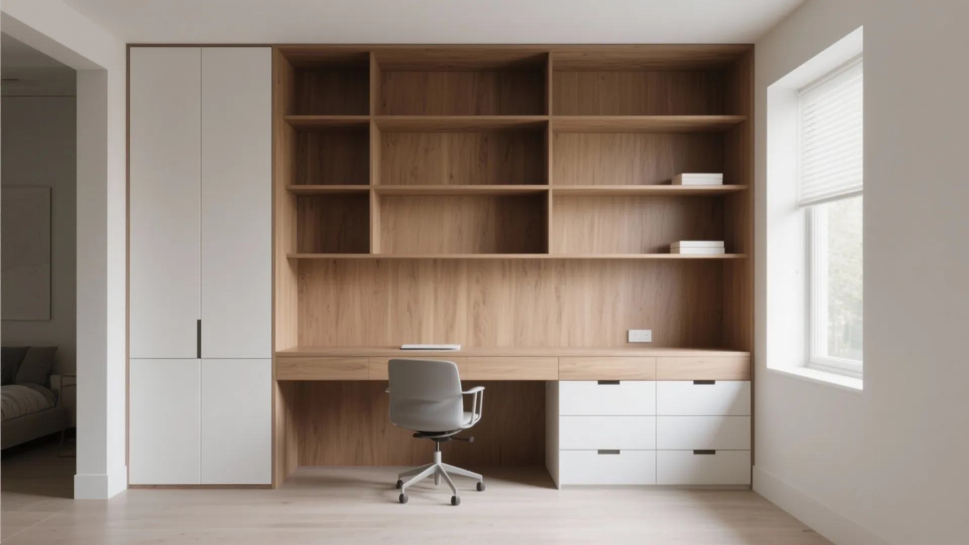 Large wooden wall cabinet with open shelves long desk white drawers and a grey chair