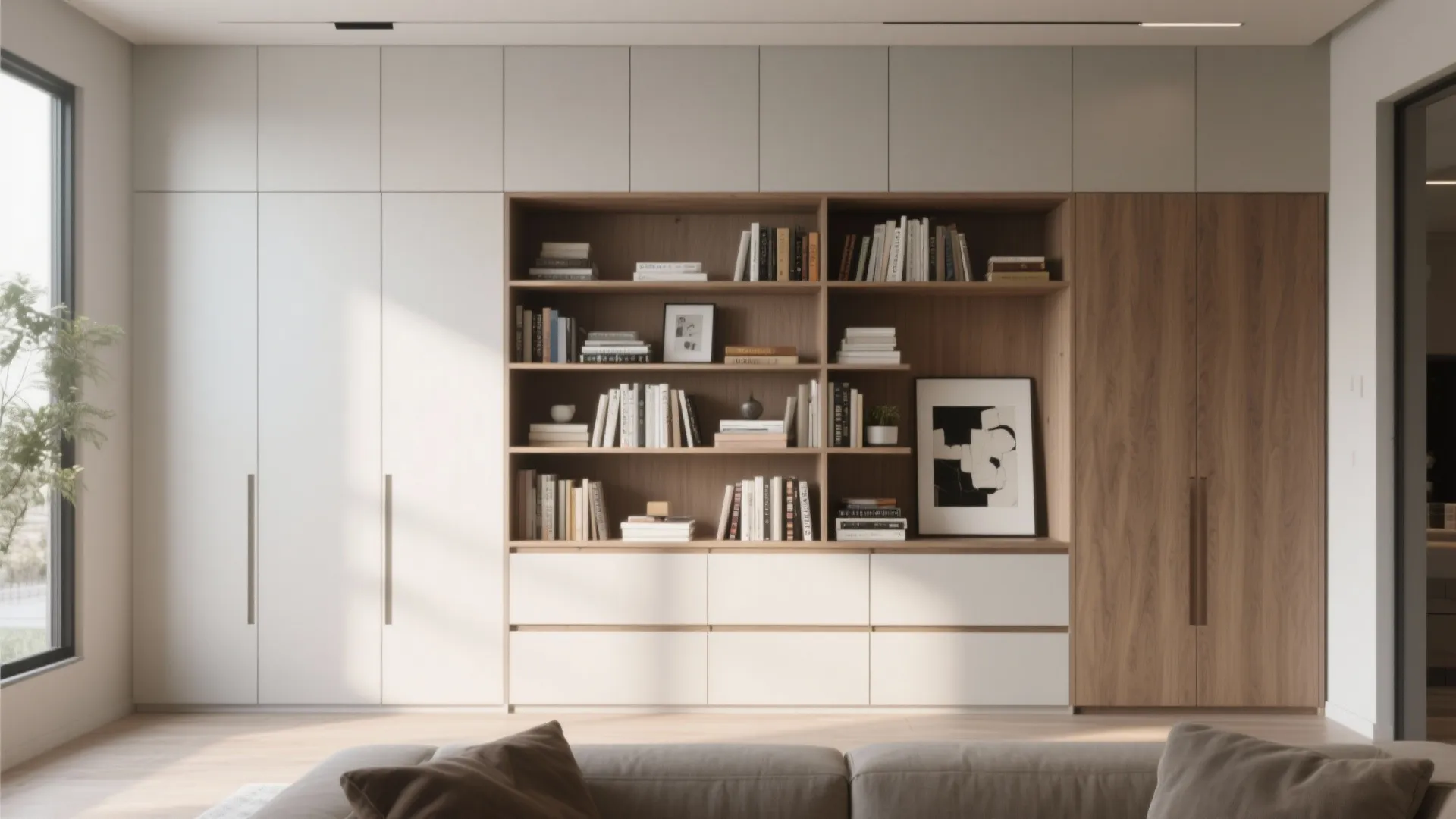 Modern white and wood built-in wall cabinet with open bookshelves and many books in home