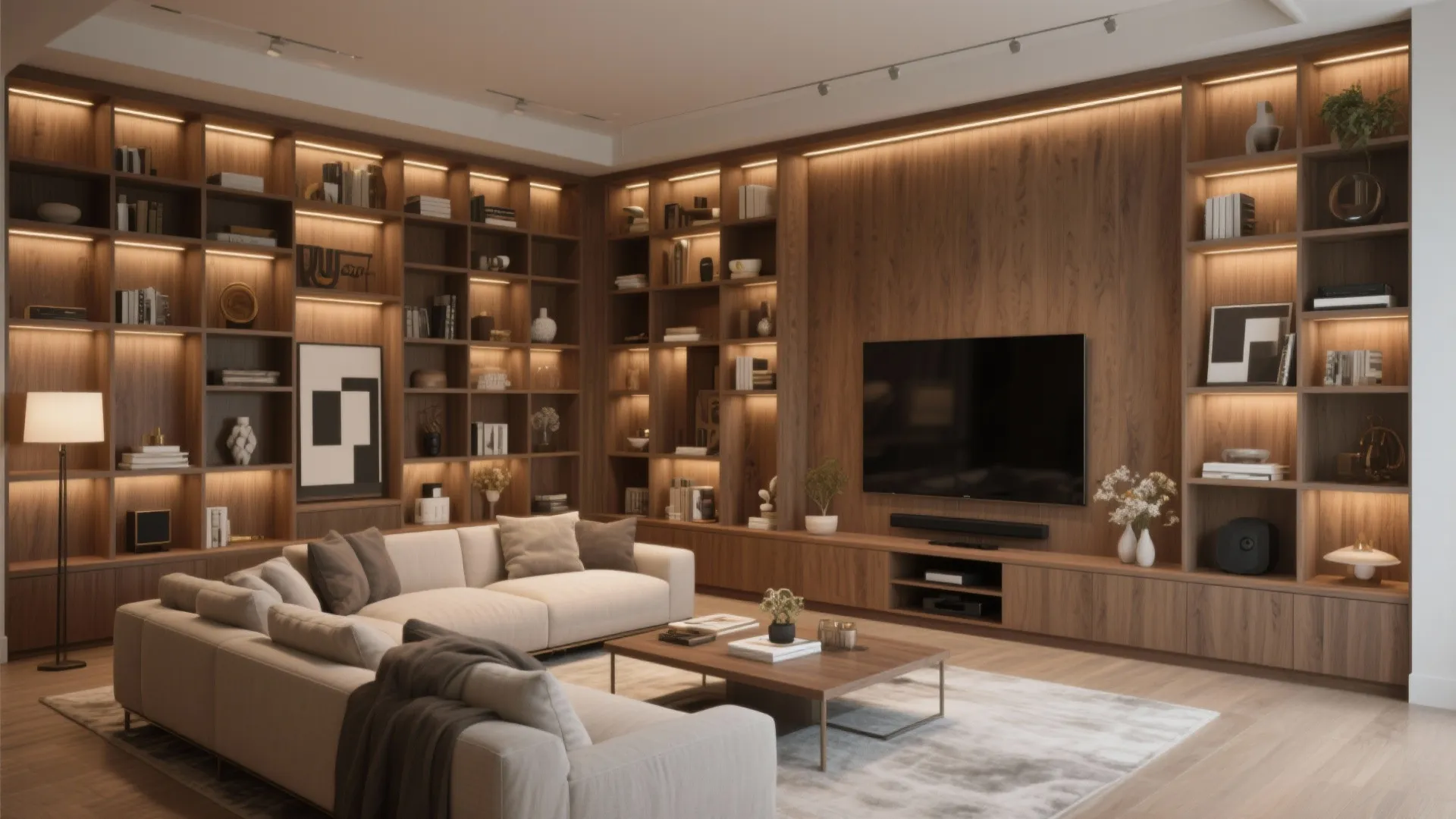 Modern living room with large wooden wall cabinet built-in lighting television white sofa and rug
