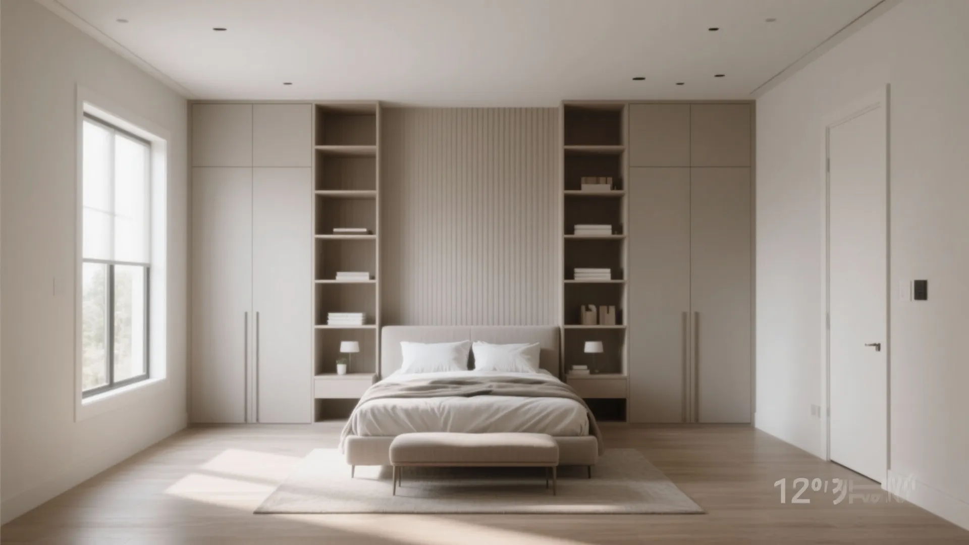 Floor-to-ceiling built-in shelves and closets in a bedroom