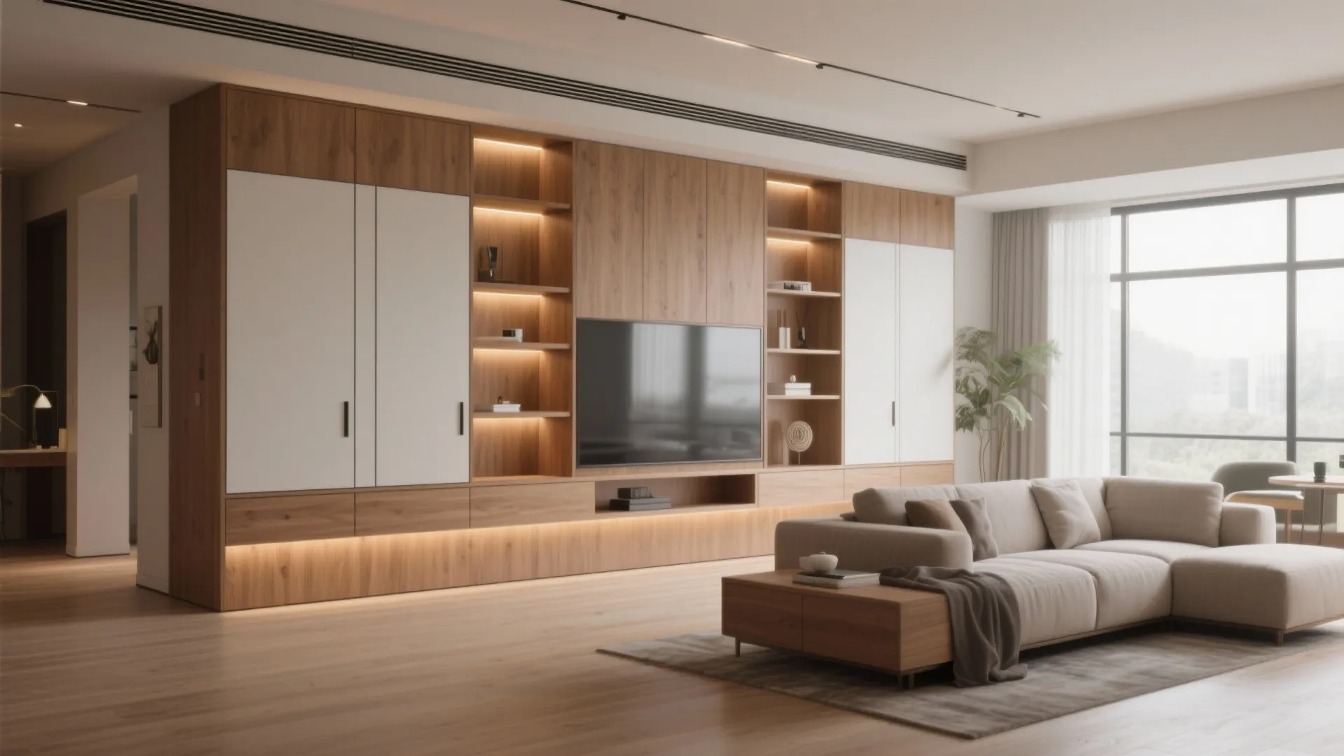 Large wooden wall cabinet with television white doors shelves with lights sofa and warm wood floors