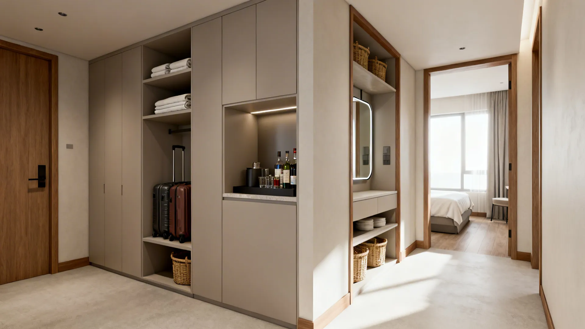 Narrow guest room with shallow built-in storage wall and organized shelves