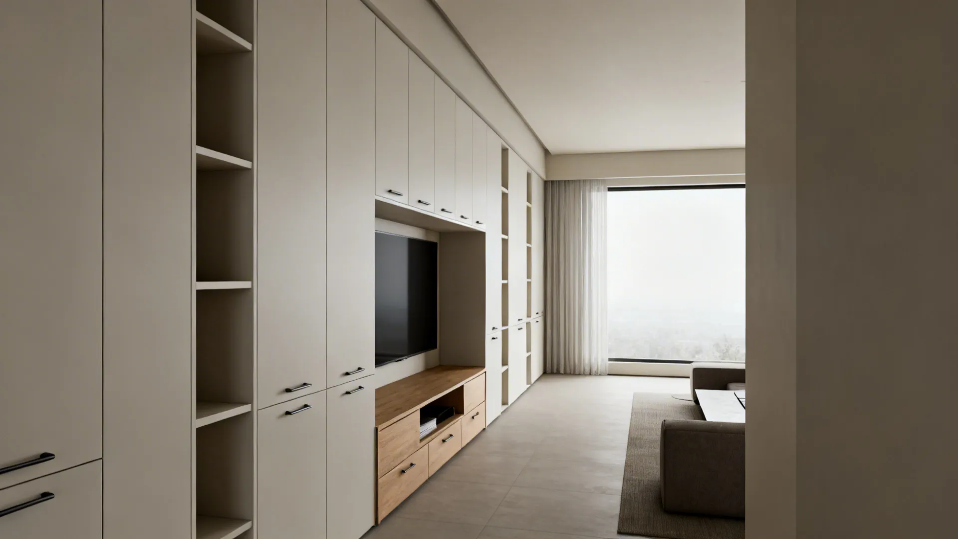 2. Use built-in storage along one long wall
