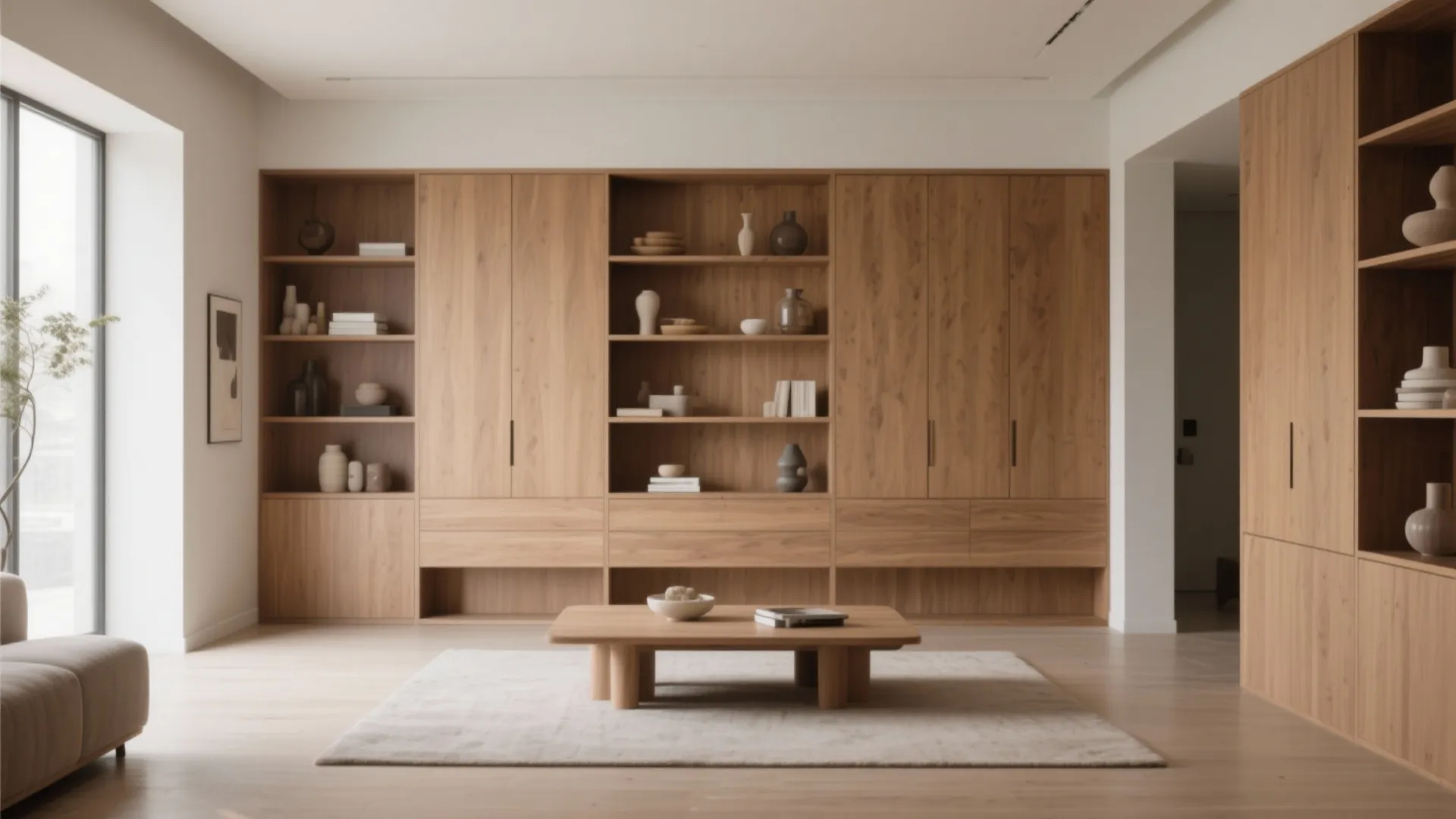 Large wooden wall cabinet system with open shelves and a small coffee table on rug