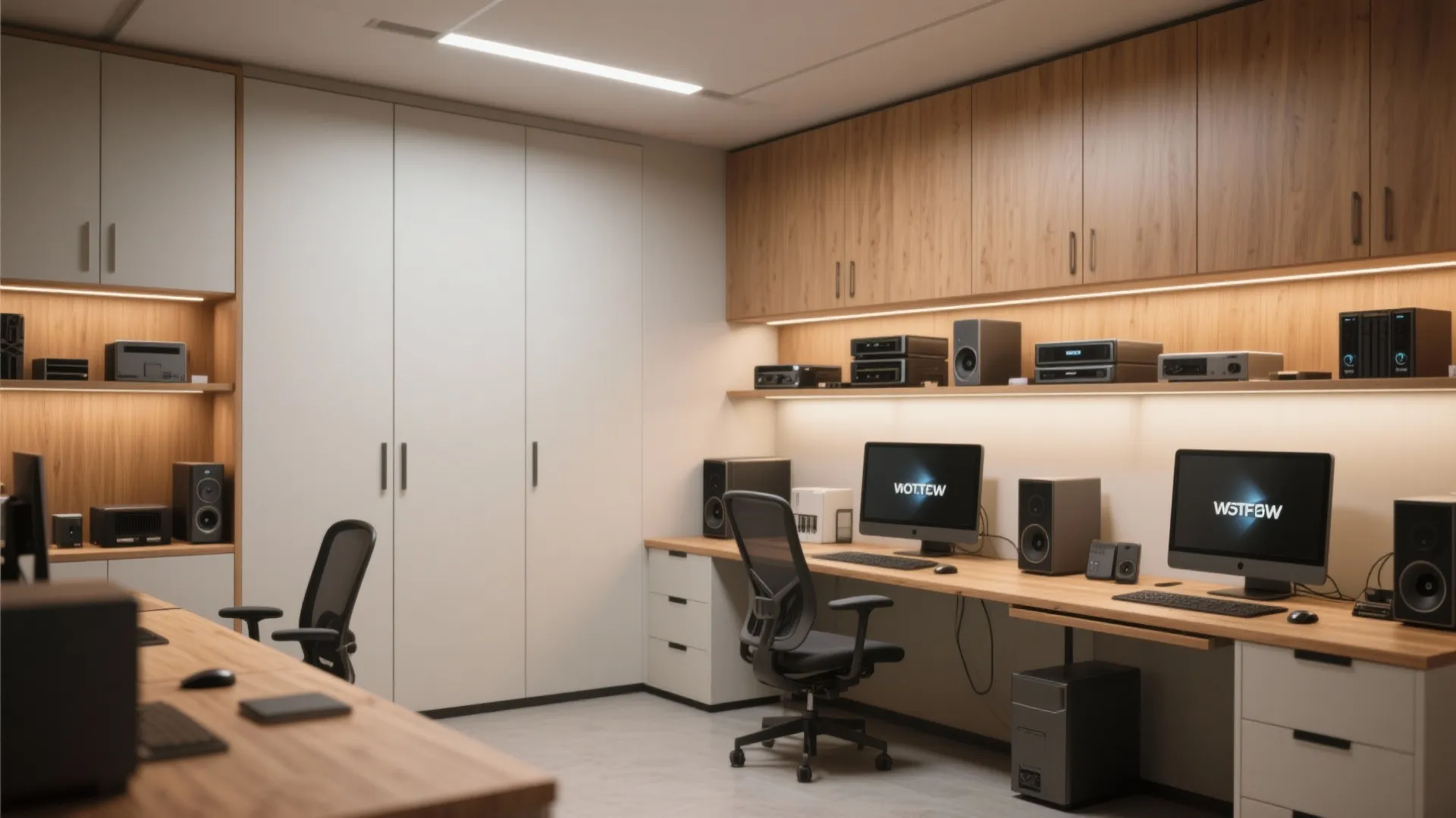 Office interior design drawing featuring long wooden desk white storage cabinets and multiple computer work stations