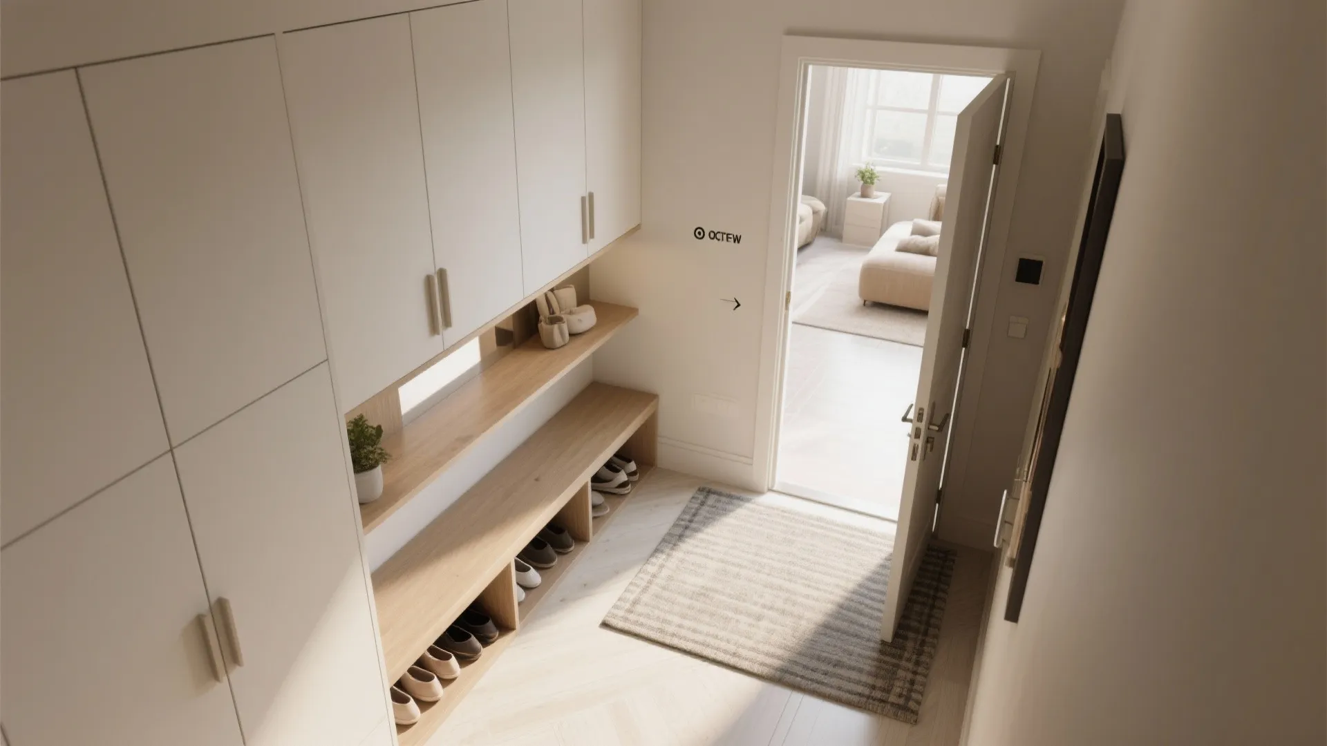 Built-in storage wall with bench and concealed shoes