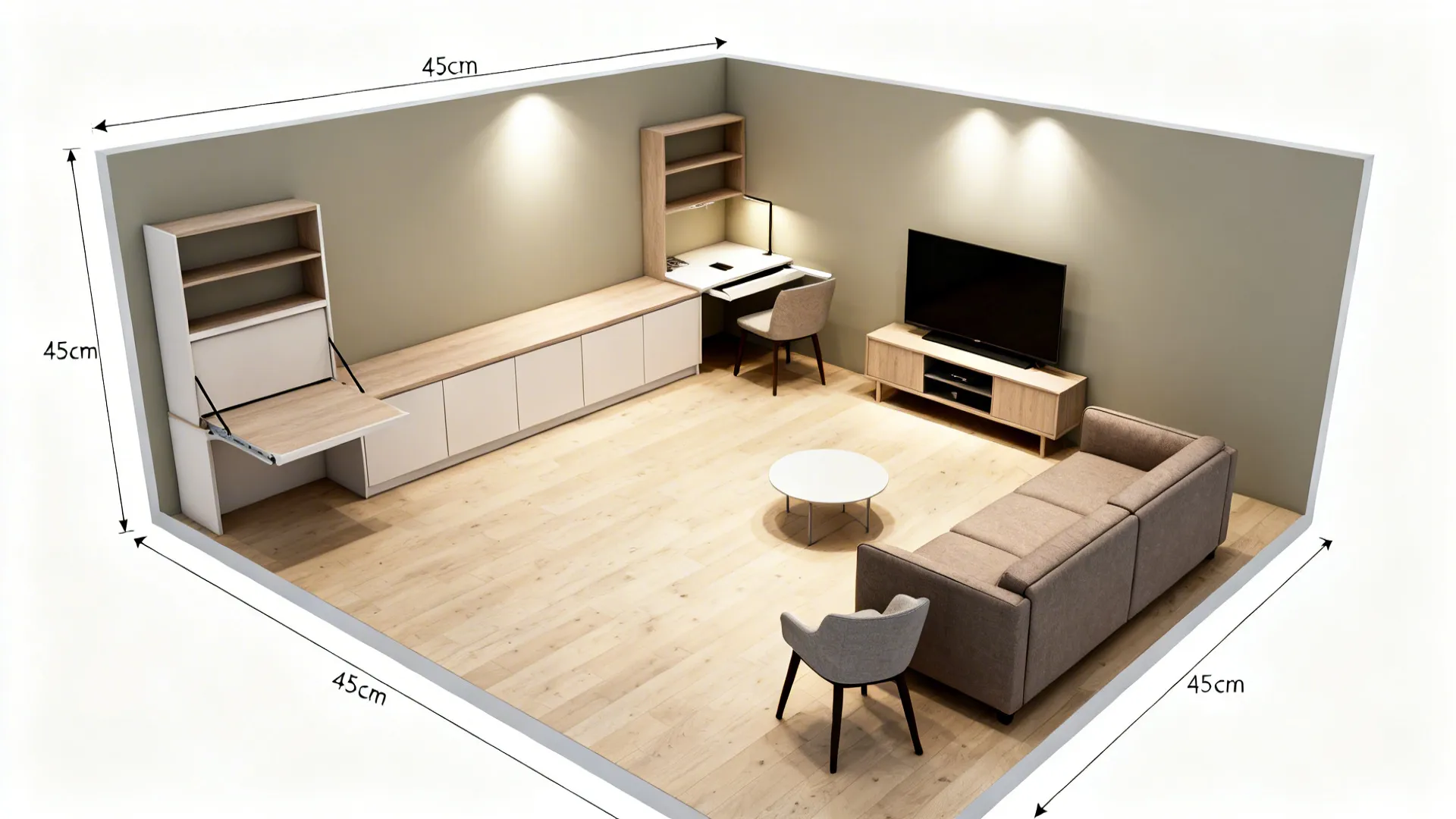 Top-down view showing a shallow built-in wall opposite compact seating with clear circulation.
