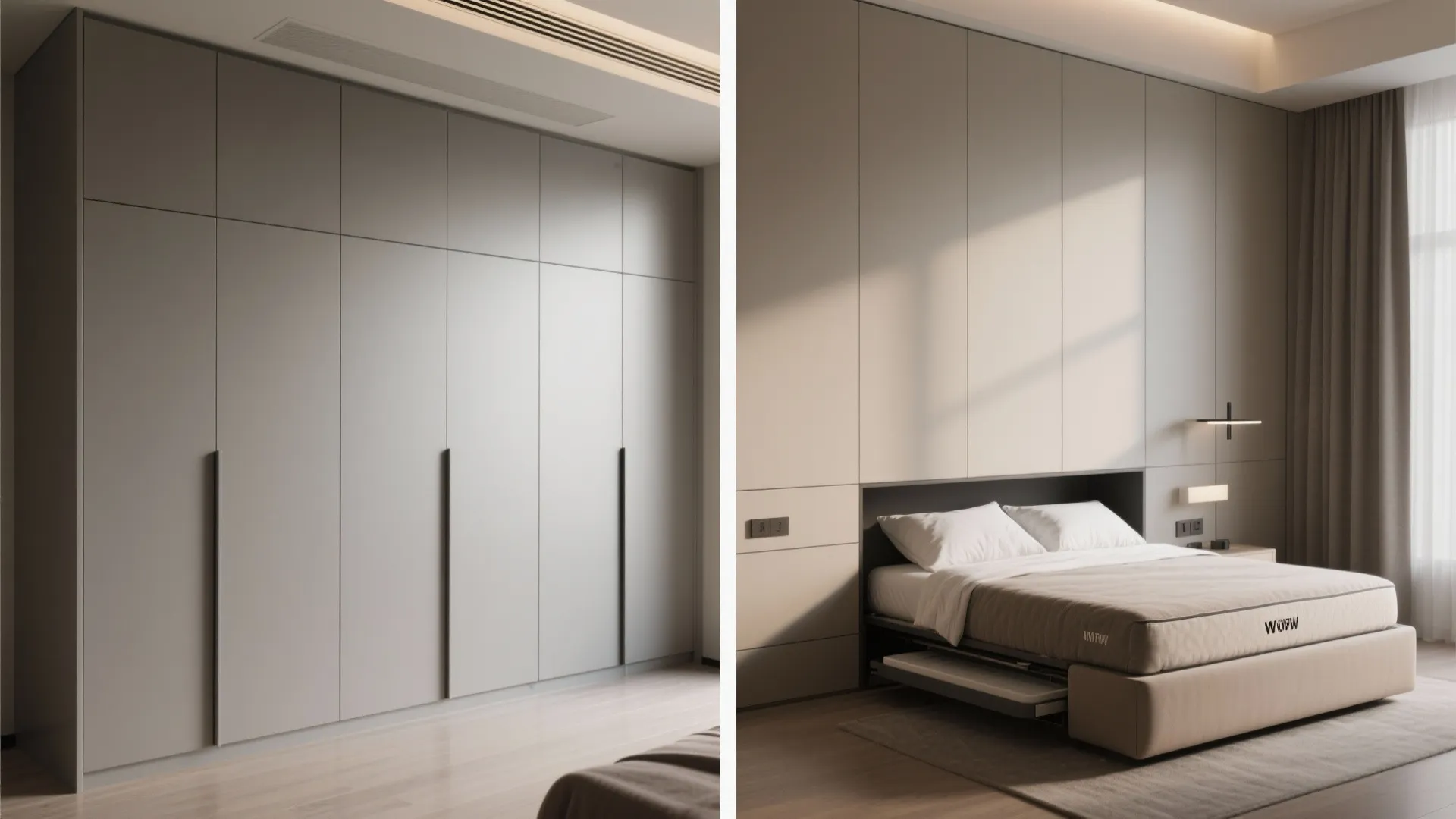 Built in bedroom wall panel storage cabinets next to a bed with a pullout mattress