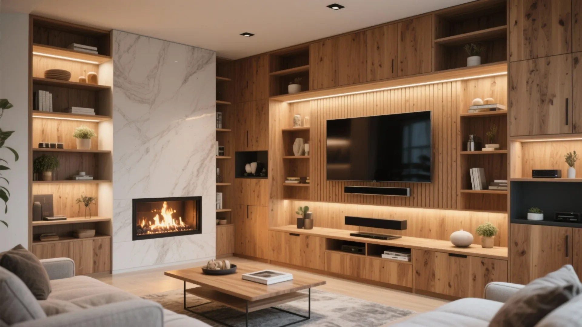 Modern living room with wooden wall cabinets a marble fireplace and a wall mounted television