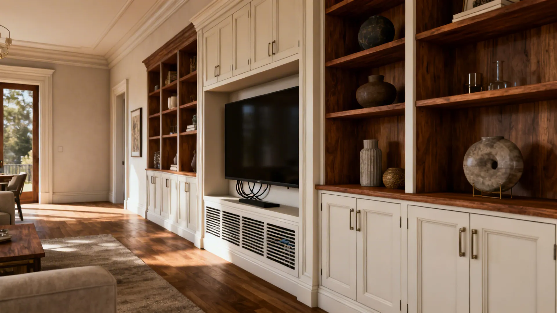 Large white wall cabinet with built in television and wooden bookshelves filled with decorative vases