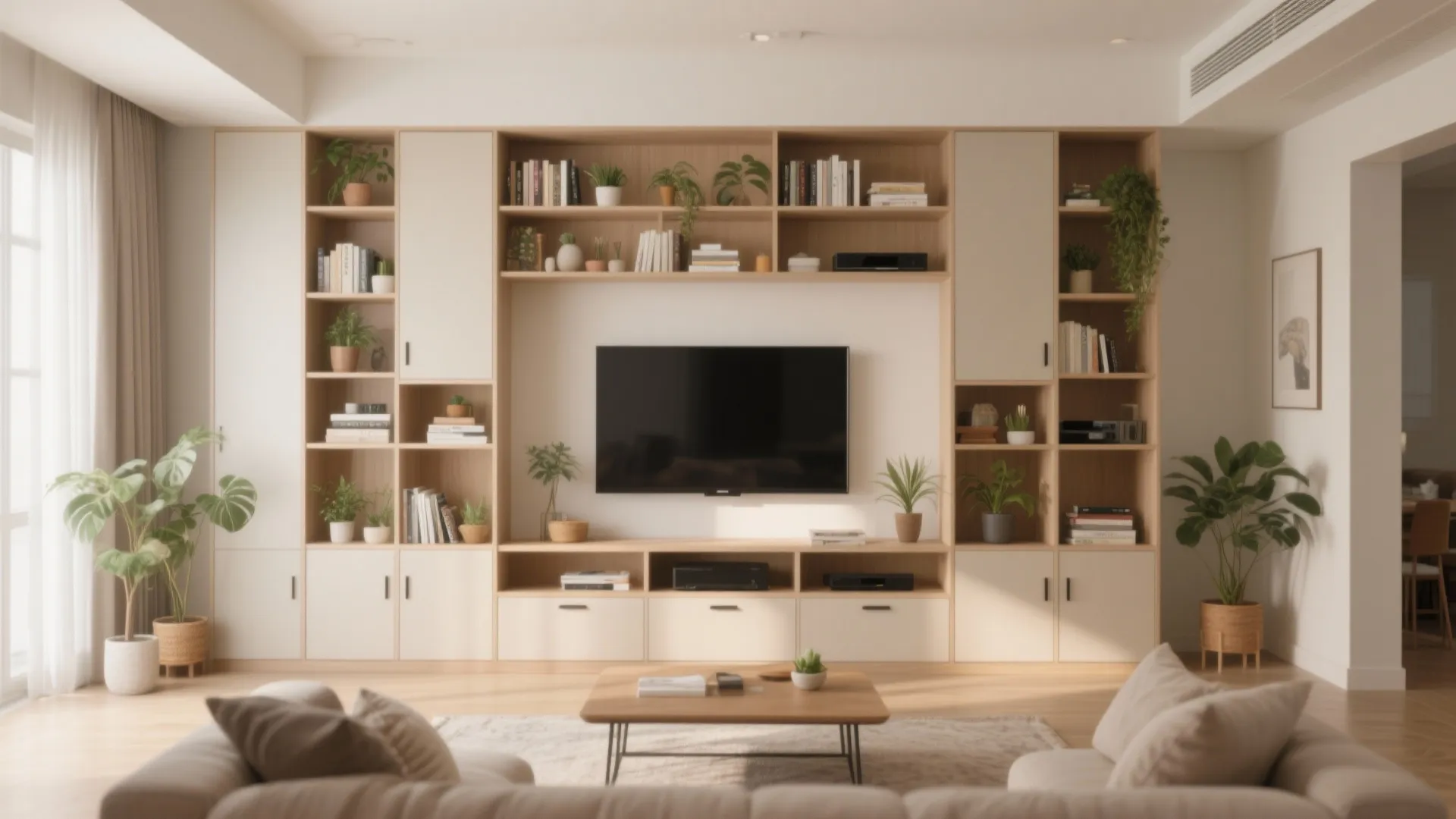 Modern living room featuring large wood wall unit with television bookshelf storage and indoor plants