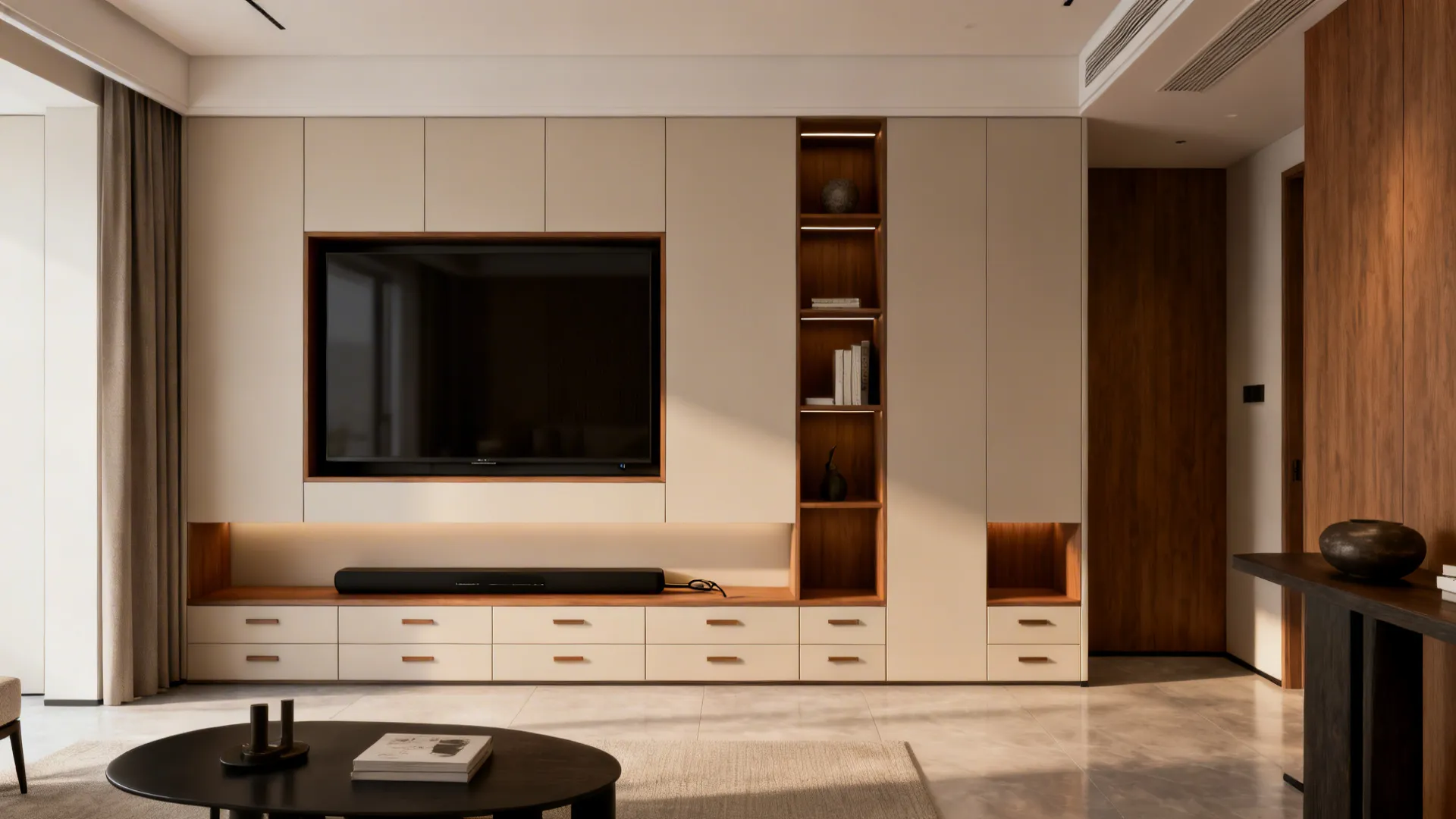 Custom built-in floor-to-ceiling unit with recessed TV niche and hidden cable channels.