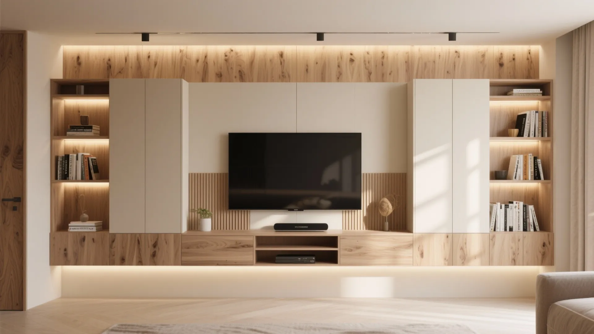 Built-in wall cabinet integrating TV and shelves