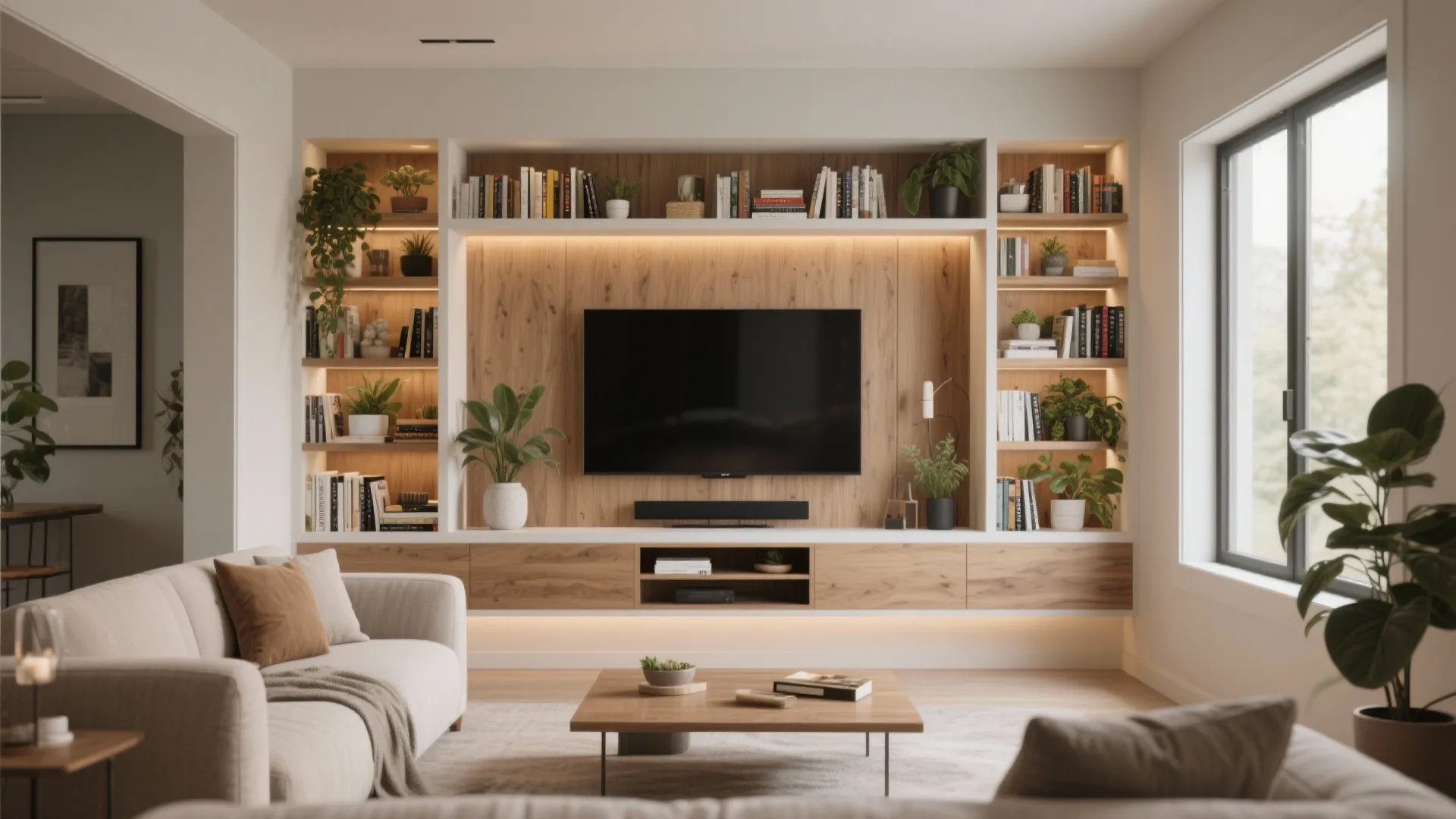 Living room featuring a large wood wall cabinet with books plants and a flat screen