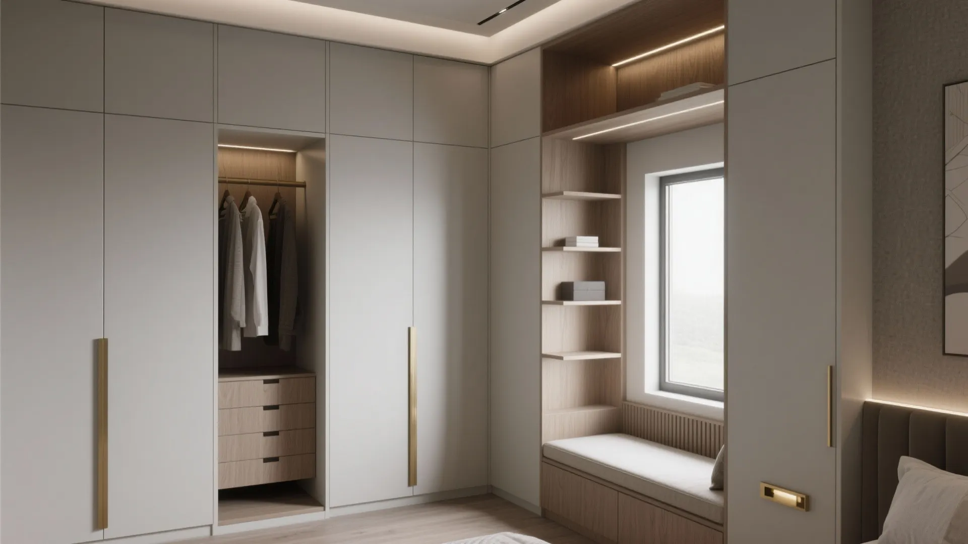 Floor-to-ceiling built-ins and recessed shelving around a media wall with hidden storage