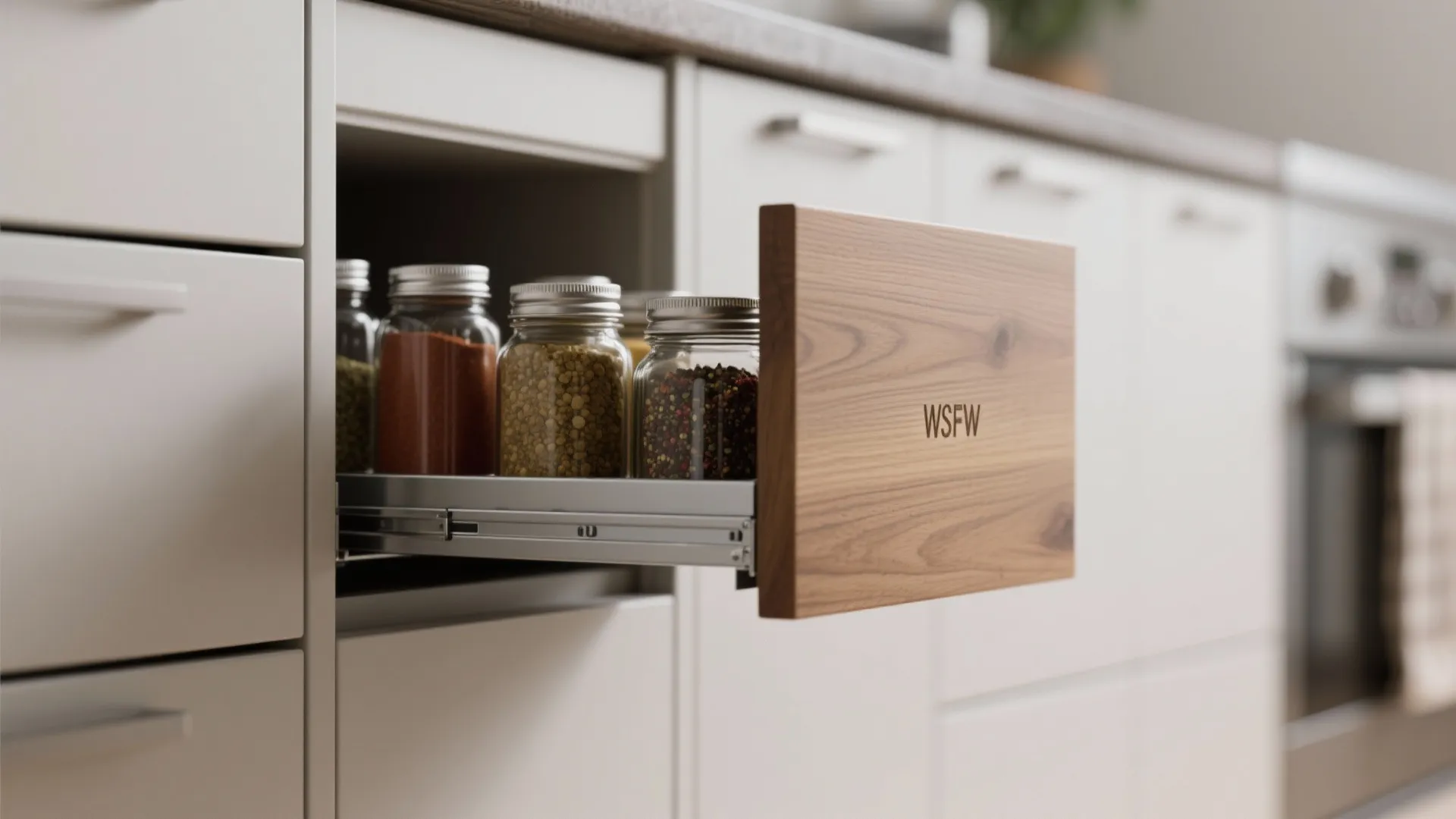 Built-in vertical drawer for organized spice storage