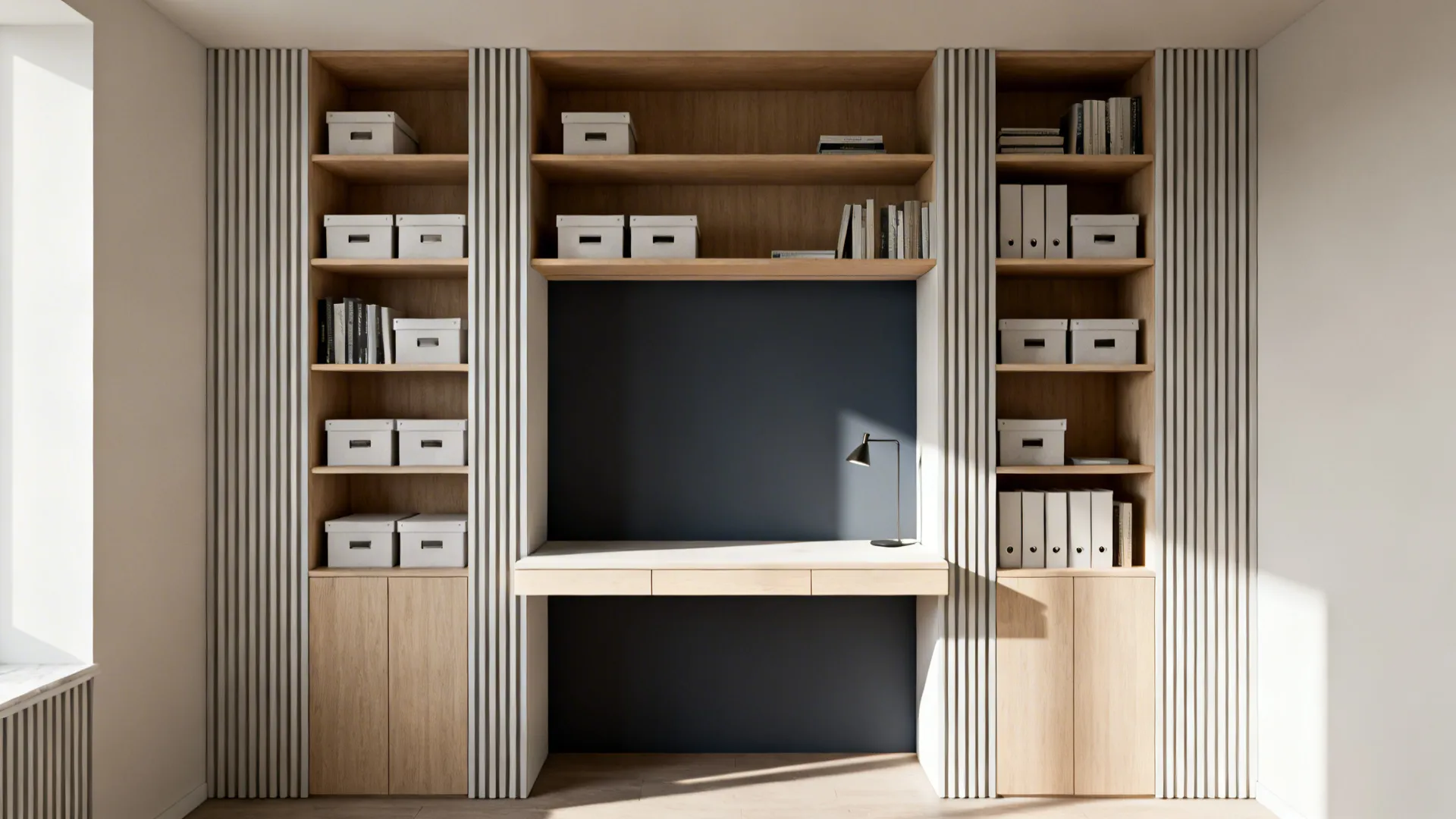 Built-in desk with floor-to-ceiling shallow shelves and darker back panel for depth