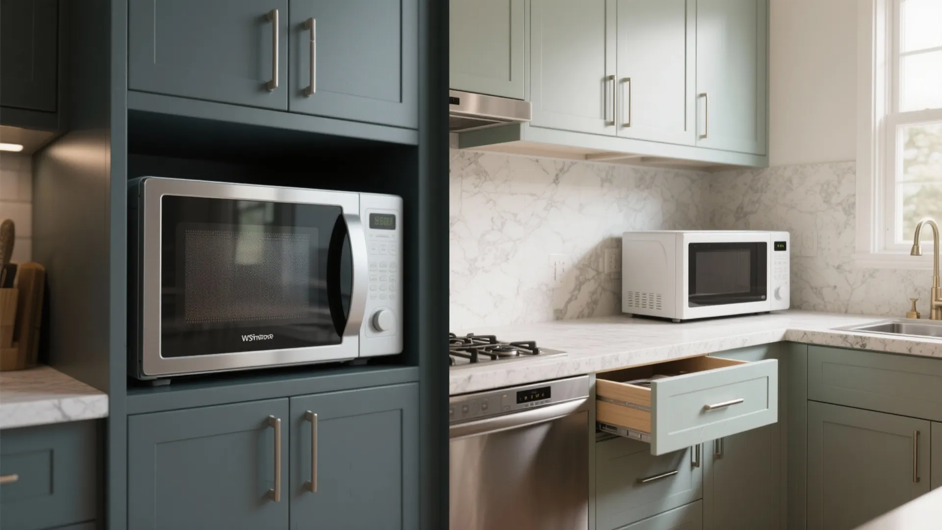 Before-and-after kitchen comparison showing a built-in microwave versus a countertop/drawer-style microwave placement.