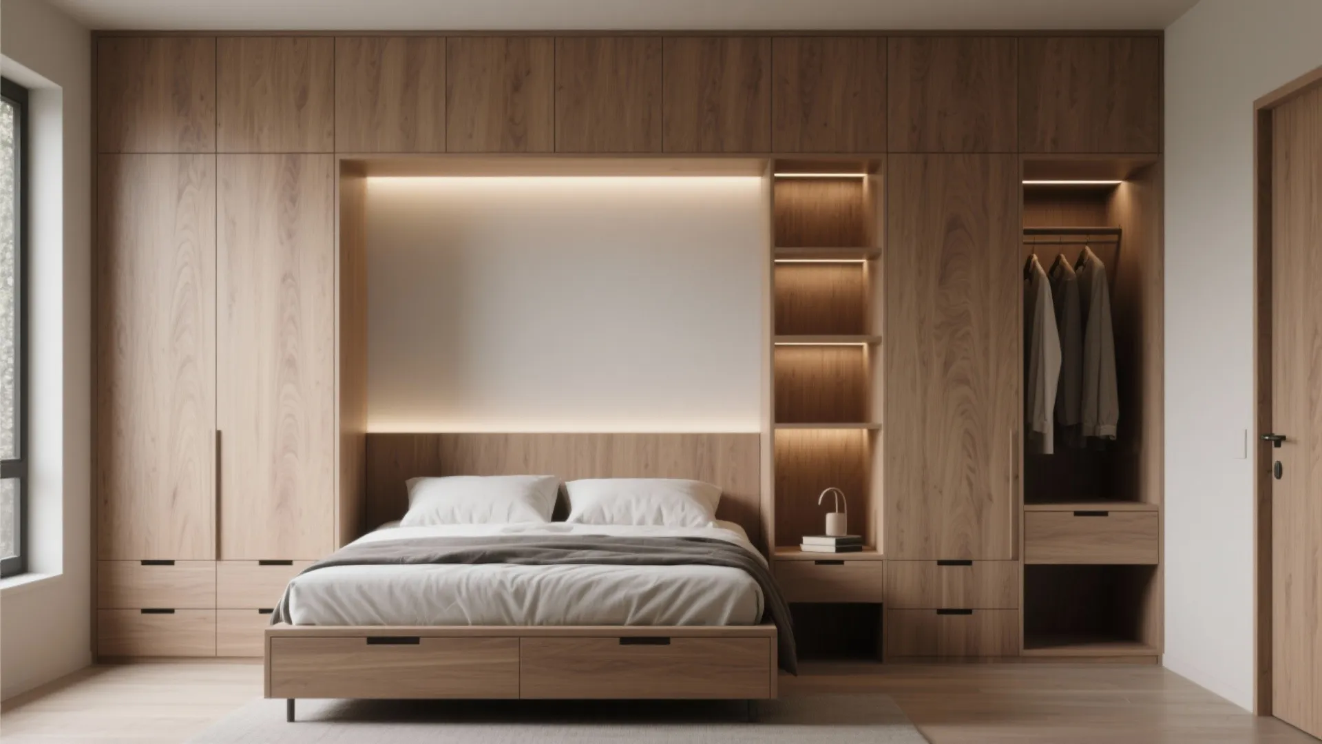 Modern wooden bedroom with built in wall cabinets around a bed and bright white lighting