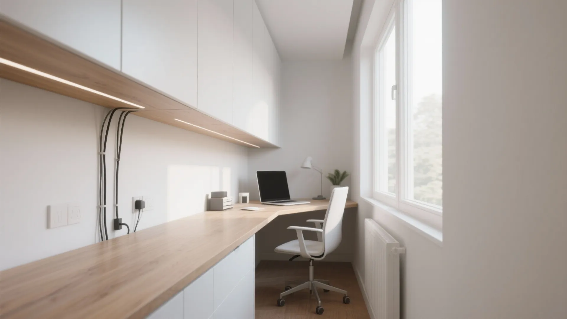 Narrow home office with a long wooden desk white cabinets laptop chair and a window