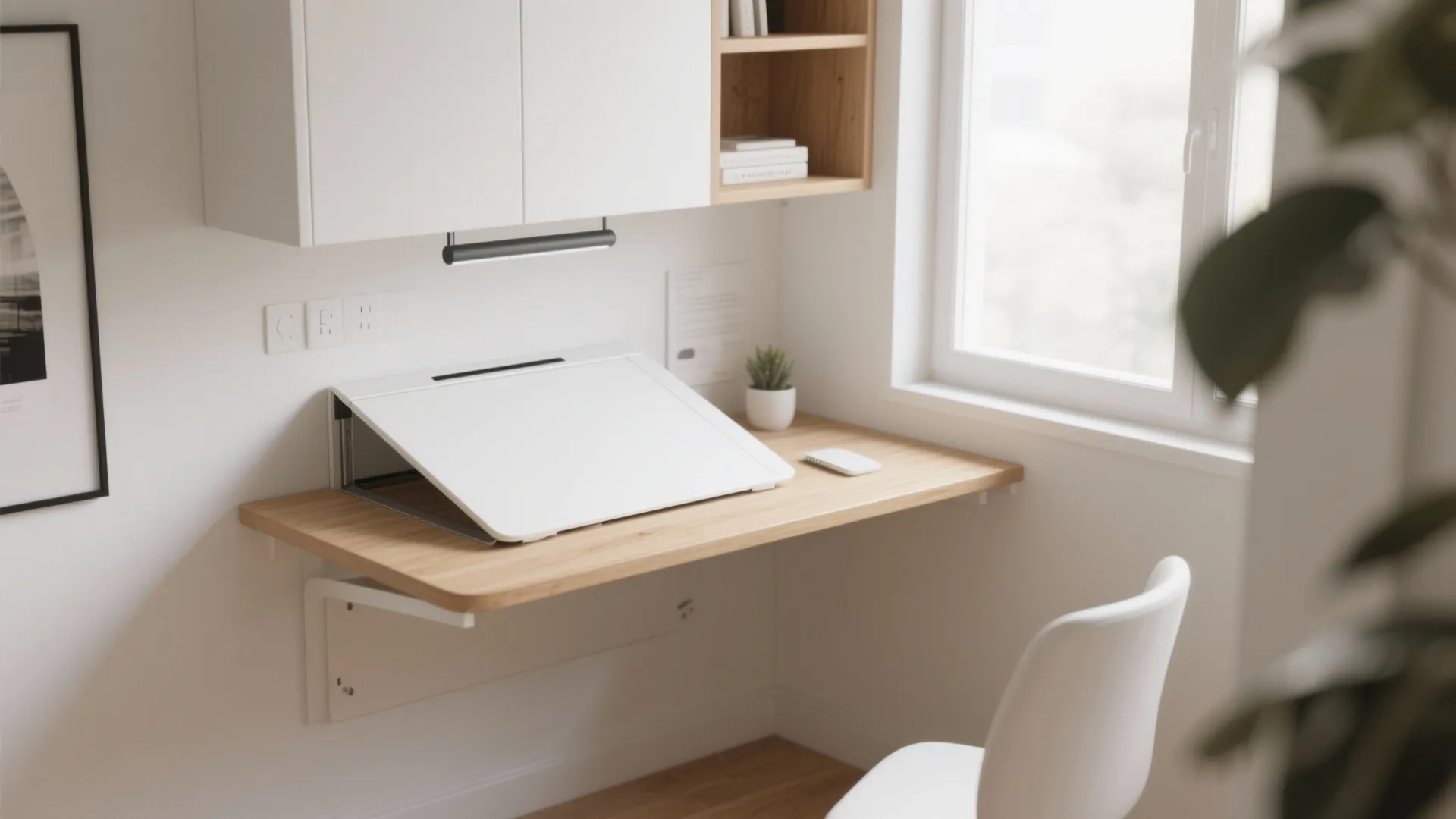 Small wall mounted wooden desk with white cabinet above and a laptop stand near a window