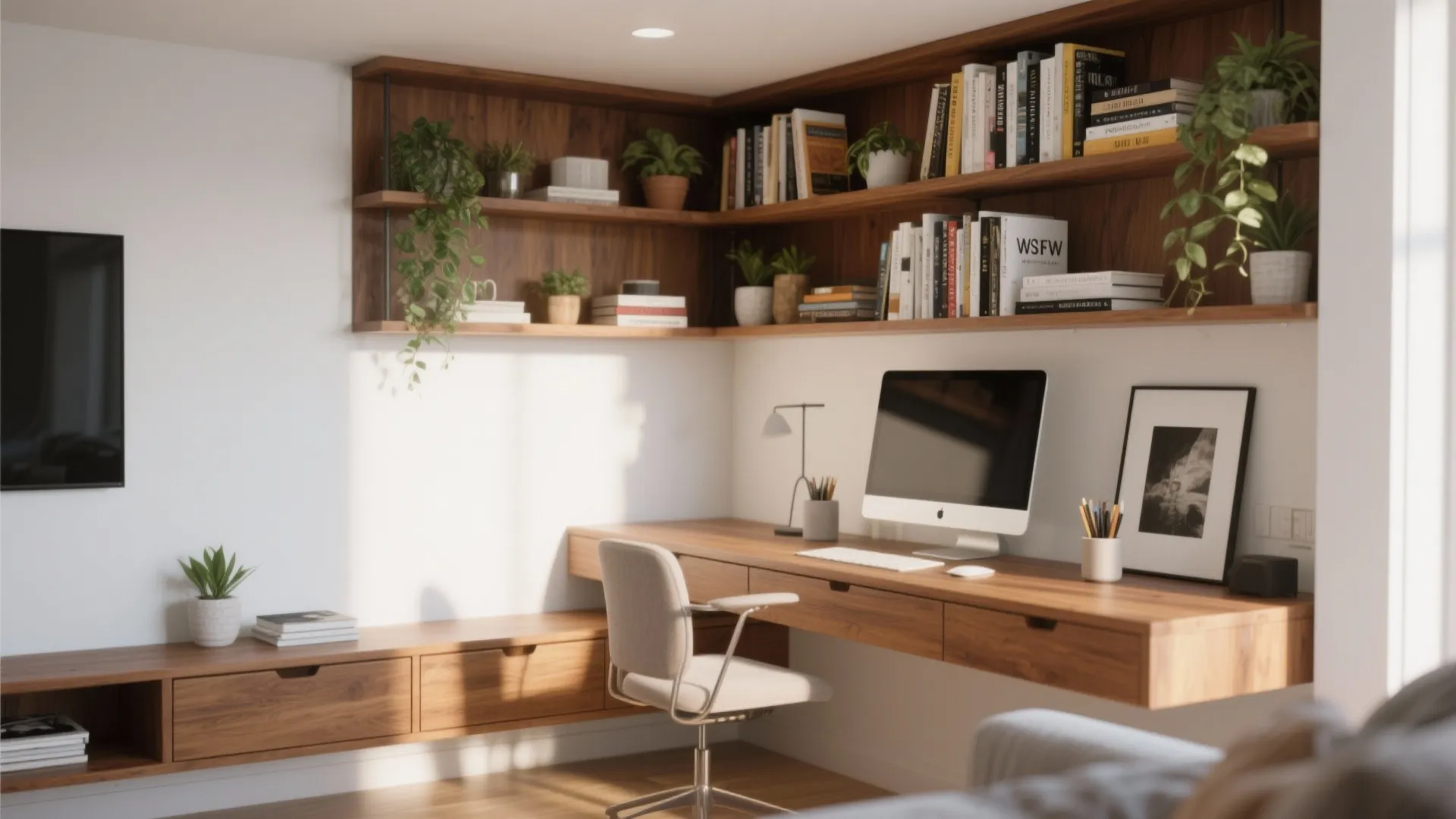 Built-in wooden corner desk with computer, floating wall shelves, potted plants, and modern office chair