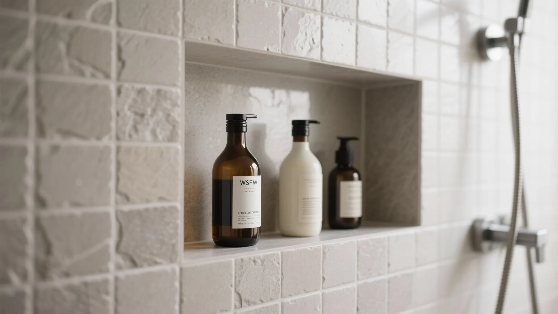 Built in shower wall shelf with beige textured tiles holding three brown and white bottles