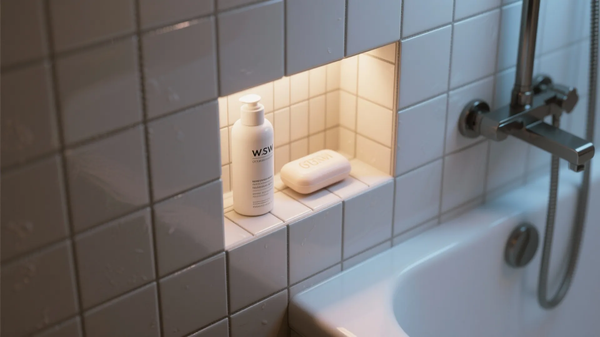 Tile shower wall niche holding toiletries in small bathroom