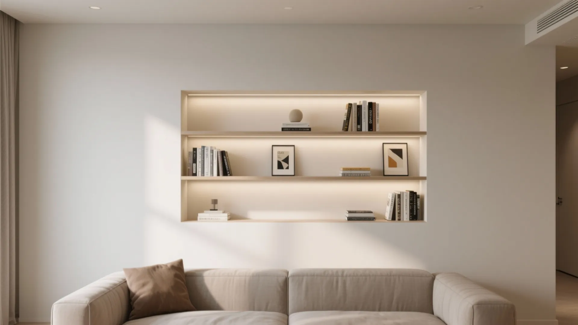 Built-in wall niche with books and art in modern living room