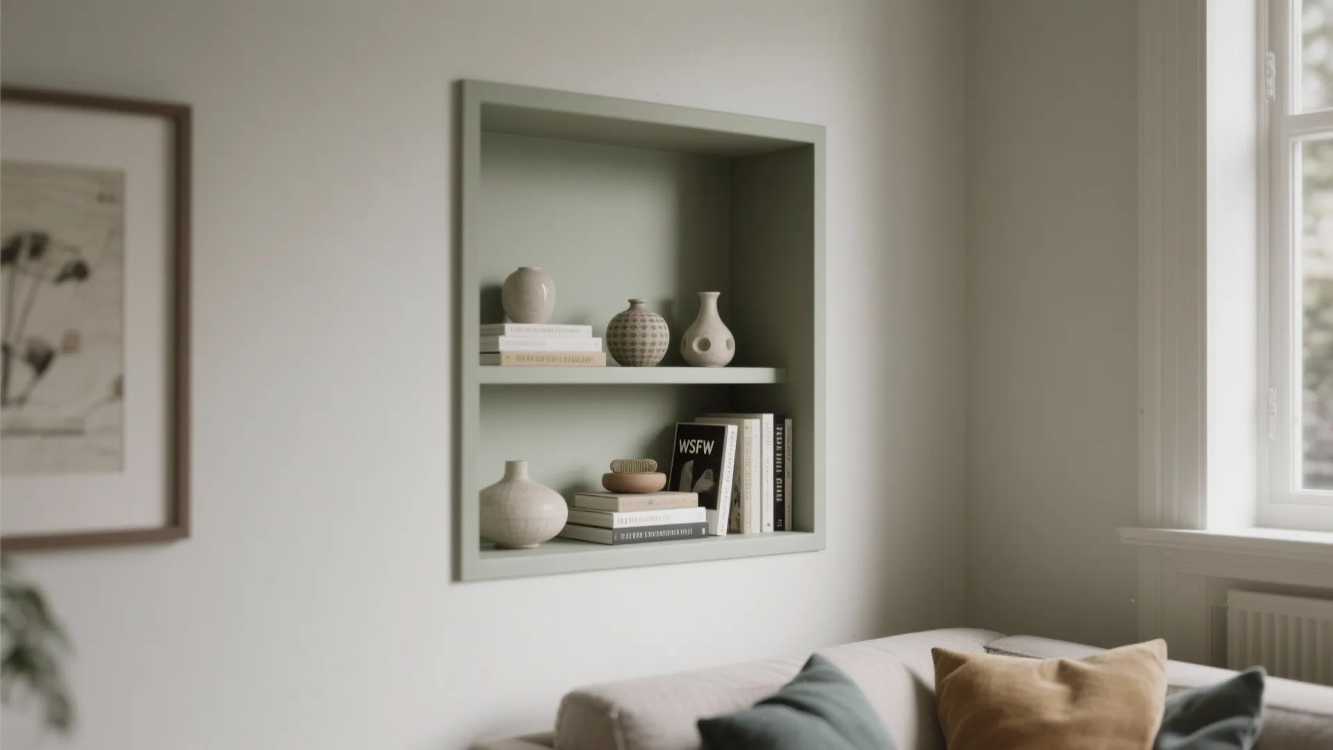Green wall shelf built into a white wall filled with books and small ceramic vases