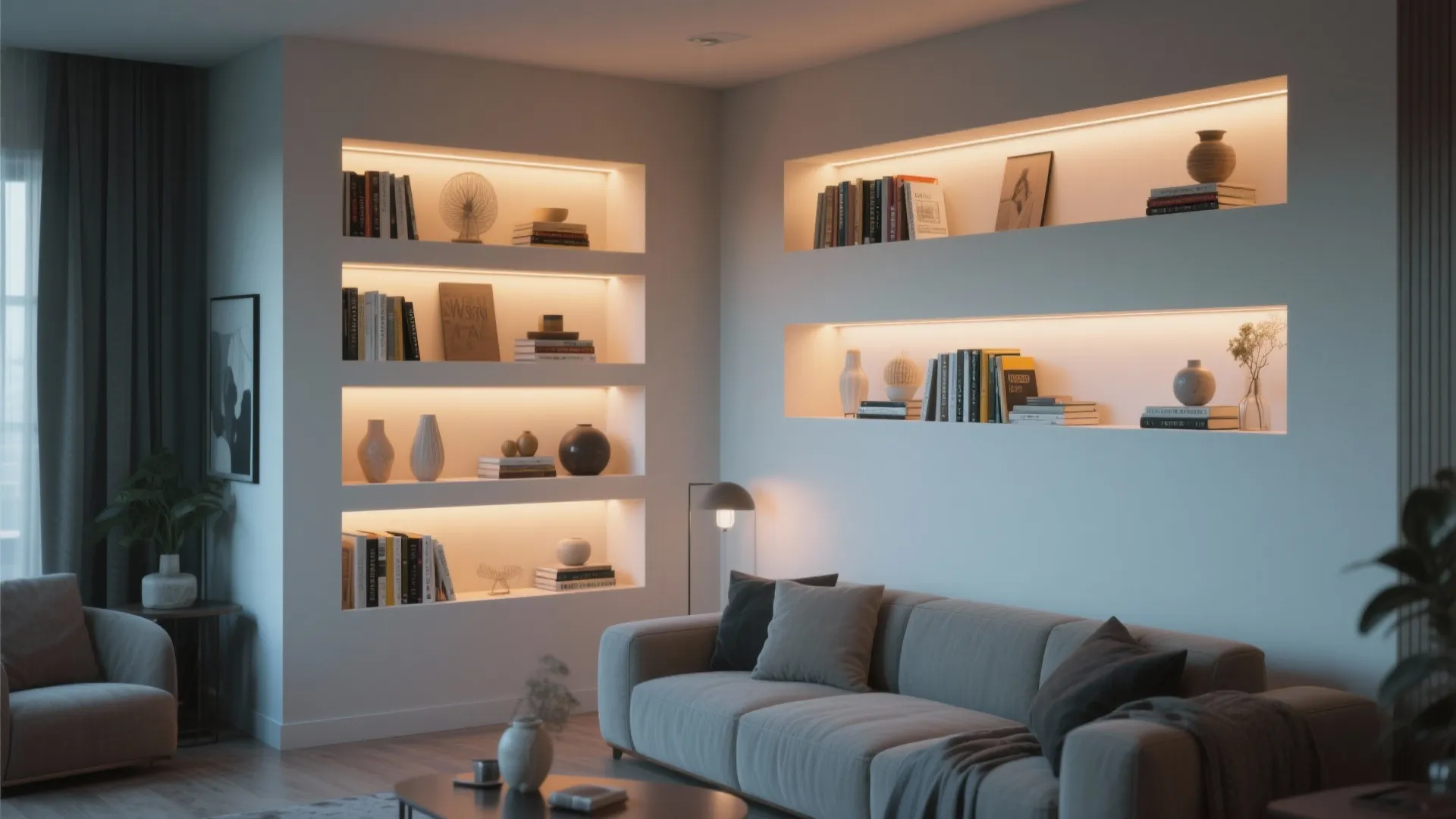 Built-in wall niches with soft LED lighting and decor items