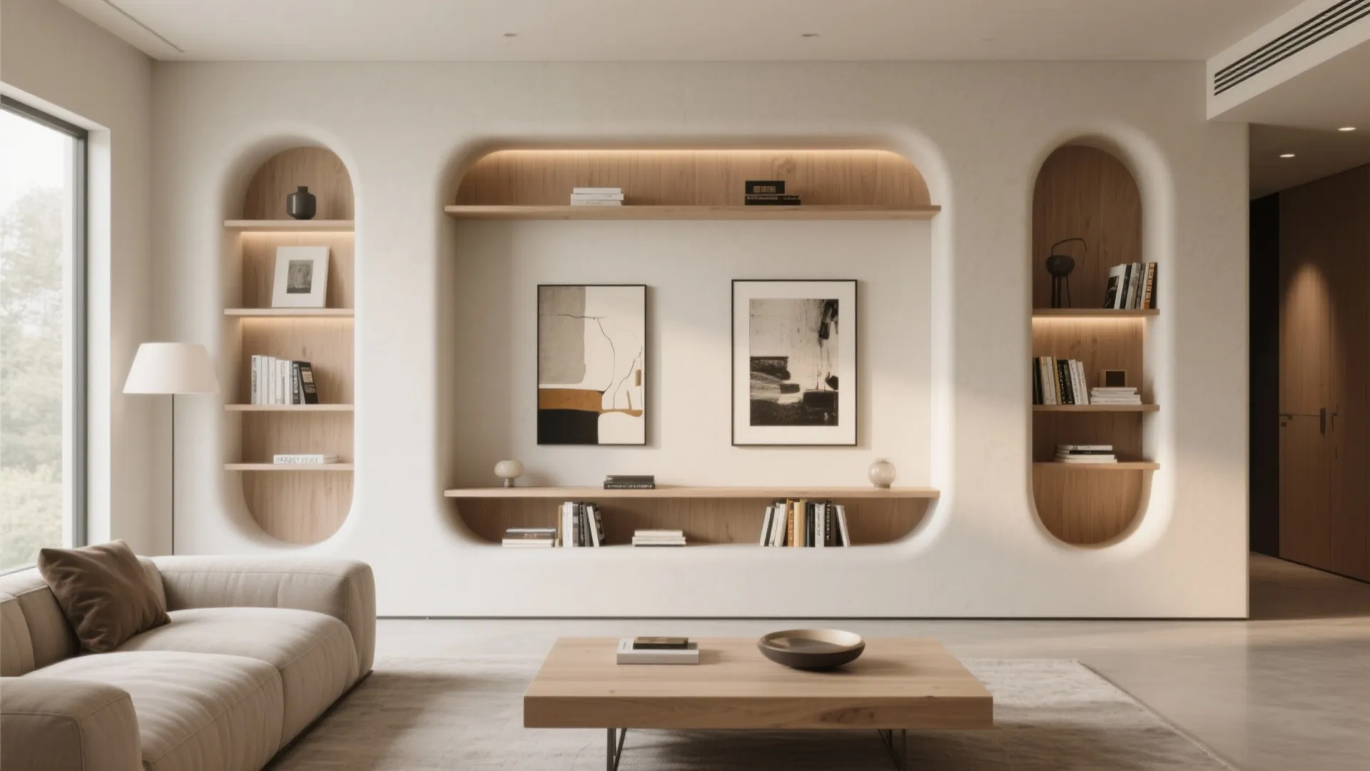 Living room built-in wall niches displaying art and books