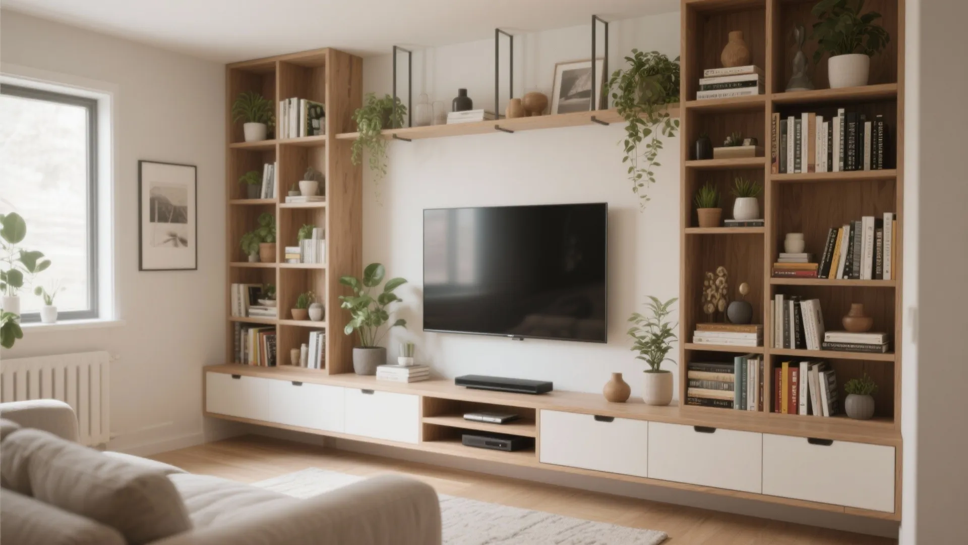 Small living room with custom built-in wall shelves around TV