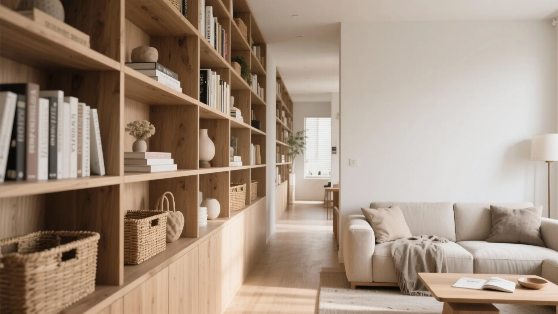 Modern wooden bookshelf filled with books and decorations next to a beige sofa in living room