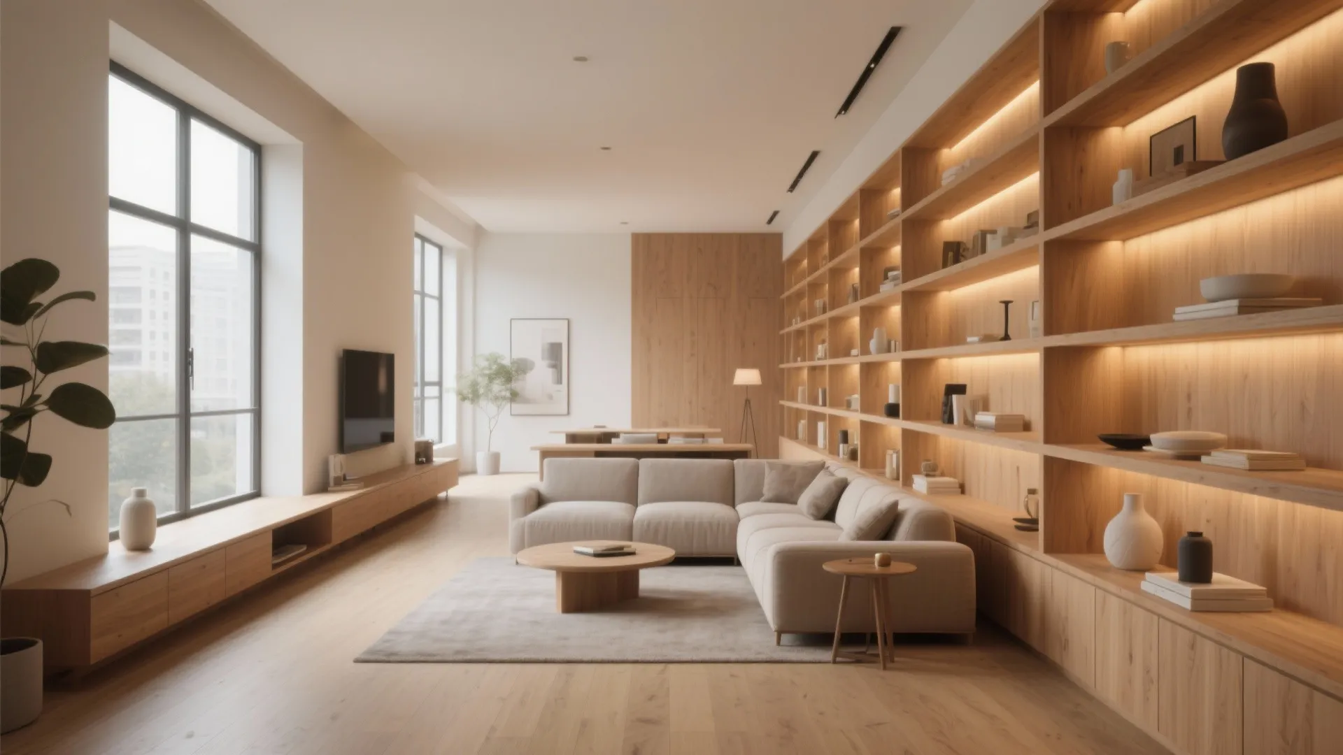 Large wooden bookshelf with built in lighting next to a modern sofa and wood floor