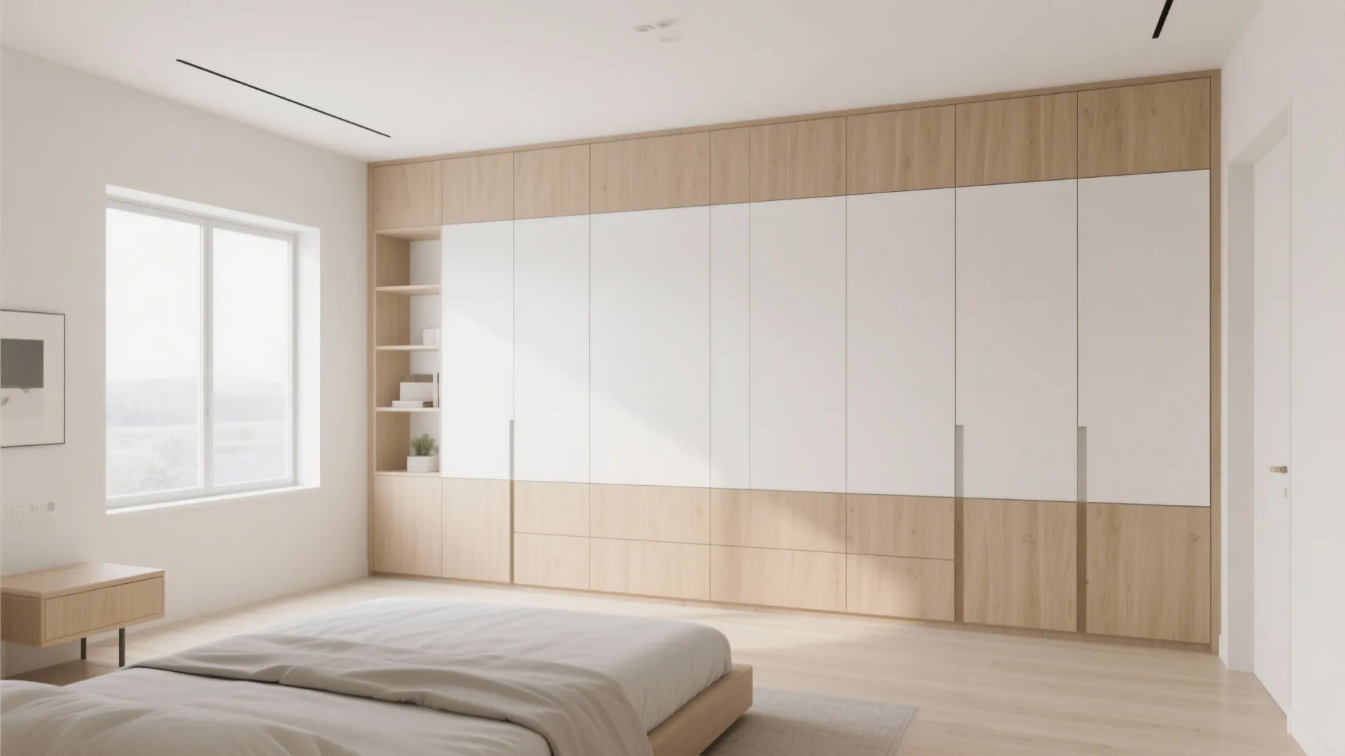 Bright bedroom showing a large white and wood cabinet, window, bed, and clean floor layout
