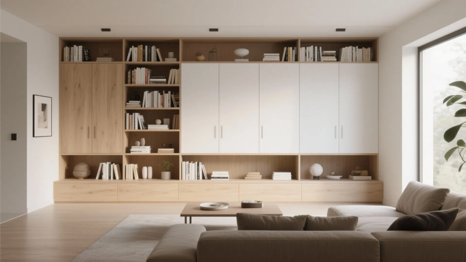 Modern living room featuring a large wood and white wall cabinet with books and decor