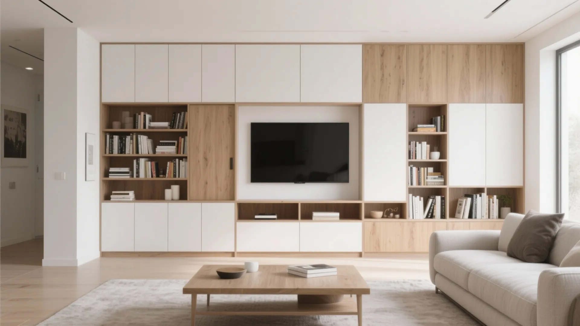 Modern living room featuring a large built in wall cabinet with television and wooden bookshelves