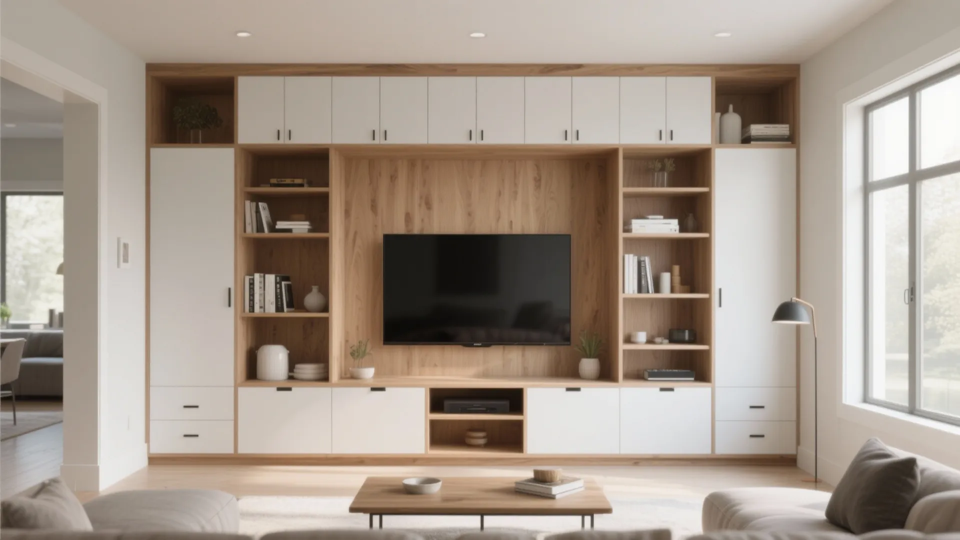 Large wooden and white wall cabinet with television open shelves books and clean modern storage