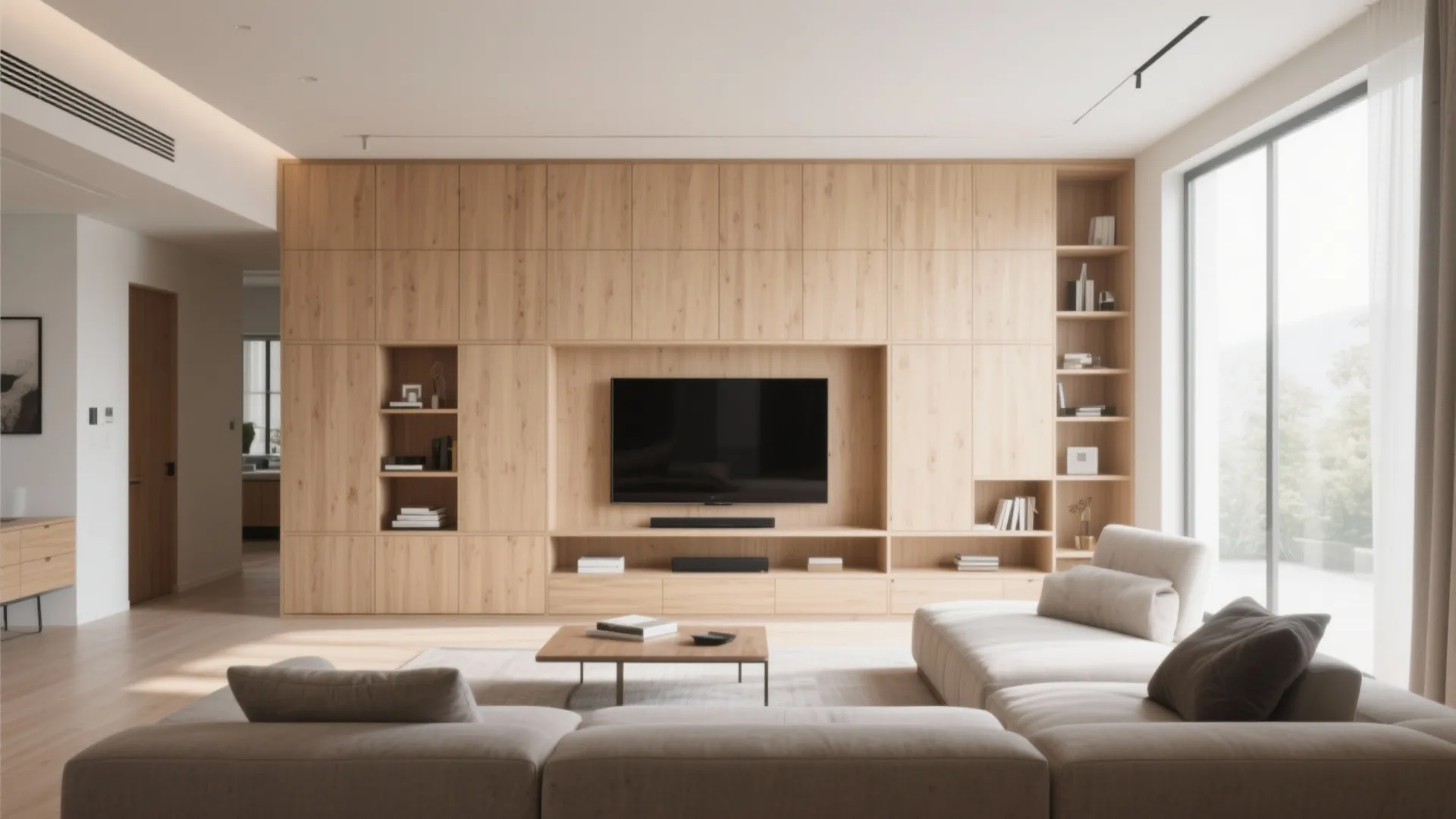 Living room with built-in wall storage in light wood finish