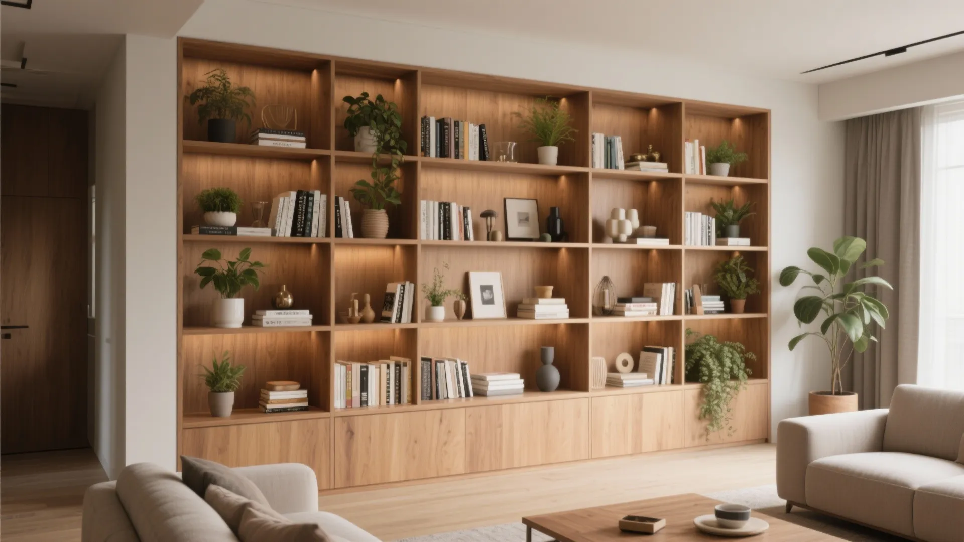 Large wooden wall cabinet with built in lights holding books plants and various home decor items