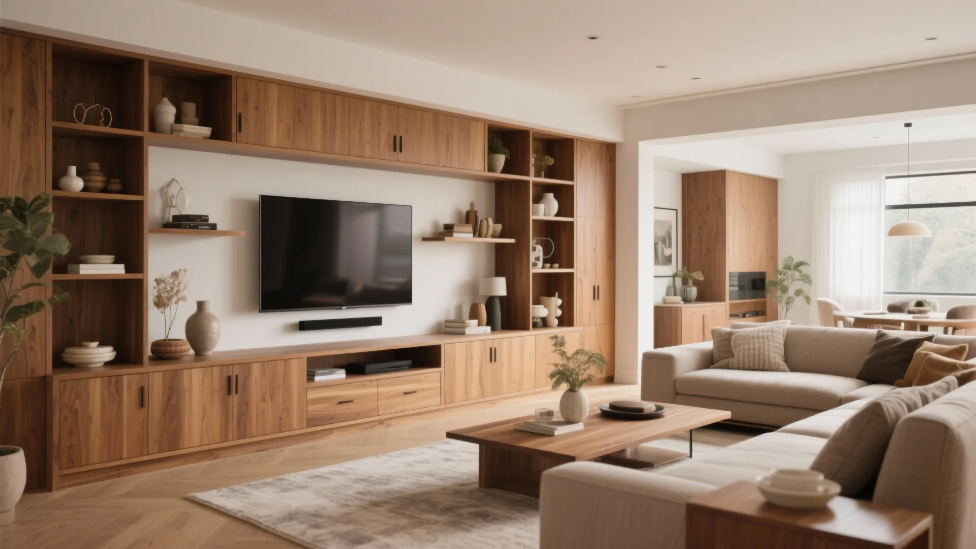 Large wooden wall cabinet with television and open shelves in a bright modern living room area