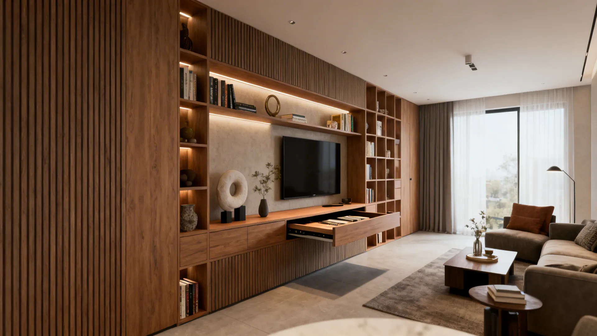 Narrow living room with custom built-in wall unit, shelving, and roll-out desk